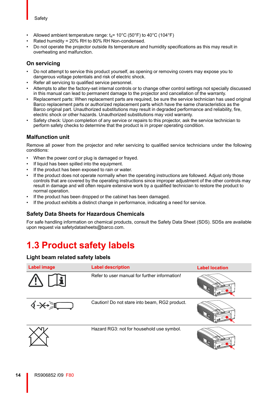 3 product safety labels, Product safety labels | Barco F80-4K9 9000-Lumen 4K UHD DLP Laser Projector (No Lens) User Manual | Page 14 / 210