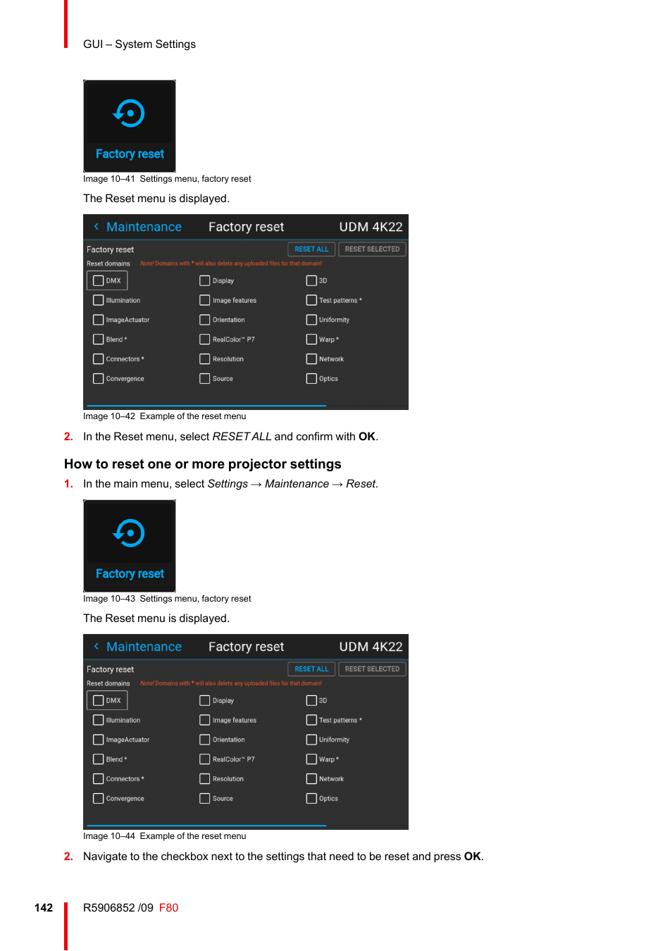 How to reset one or more projector settings | Barco F80-4K9 9000-Lumen 4K UHD DLP Laser Projector (No Lens) User Manual | Page 142 / 210