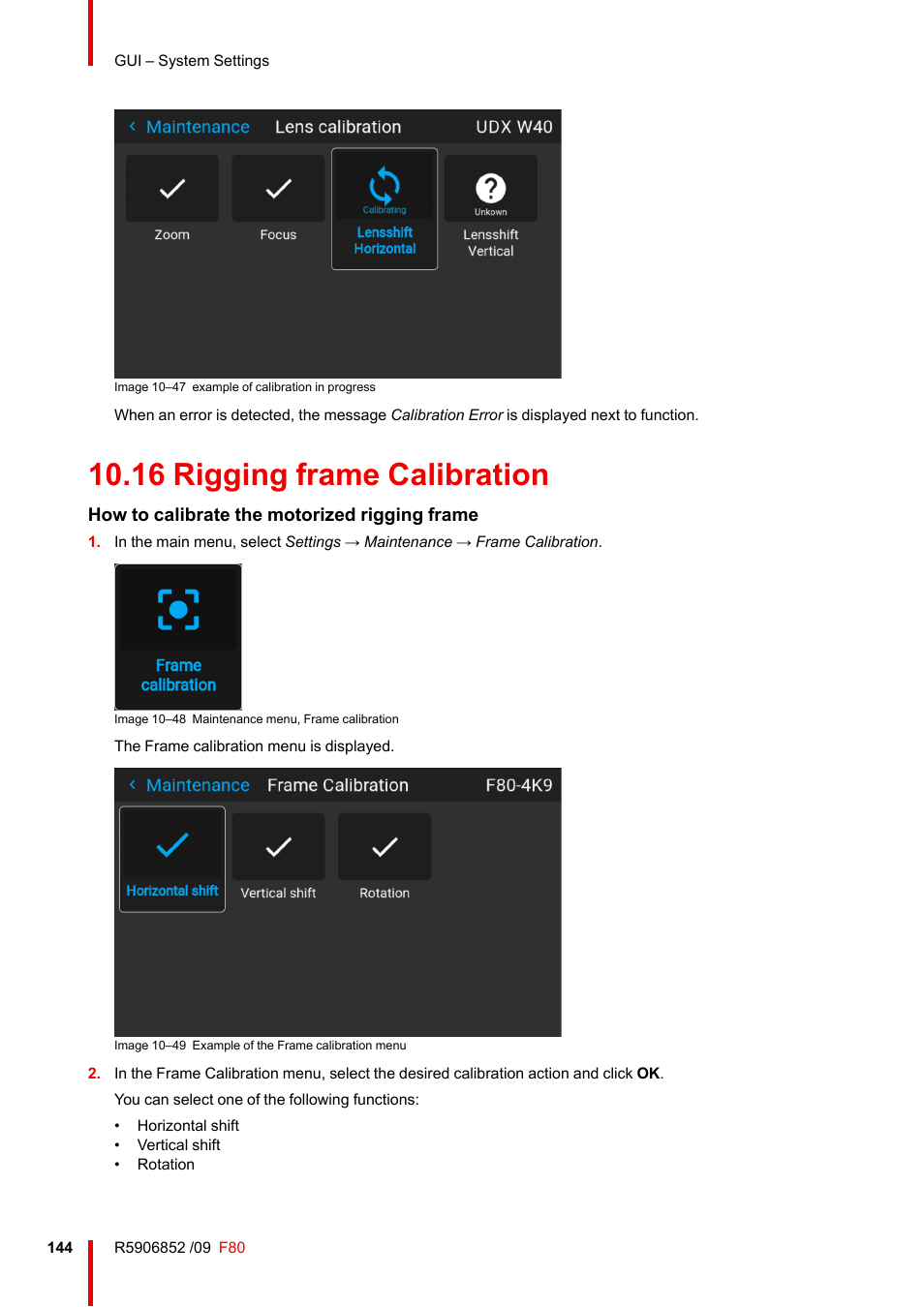 16 rigging frame calibration, How to calibrate the motorized rigging frame | Barco F80-4K9 9000-Lumen 4K UHD DLP Laser Projector (No Lens) User Manual | Page 144 / 210