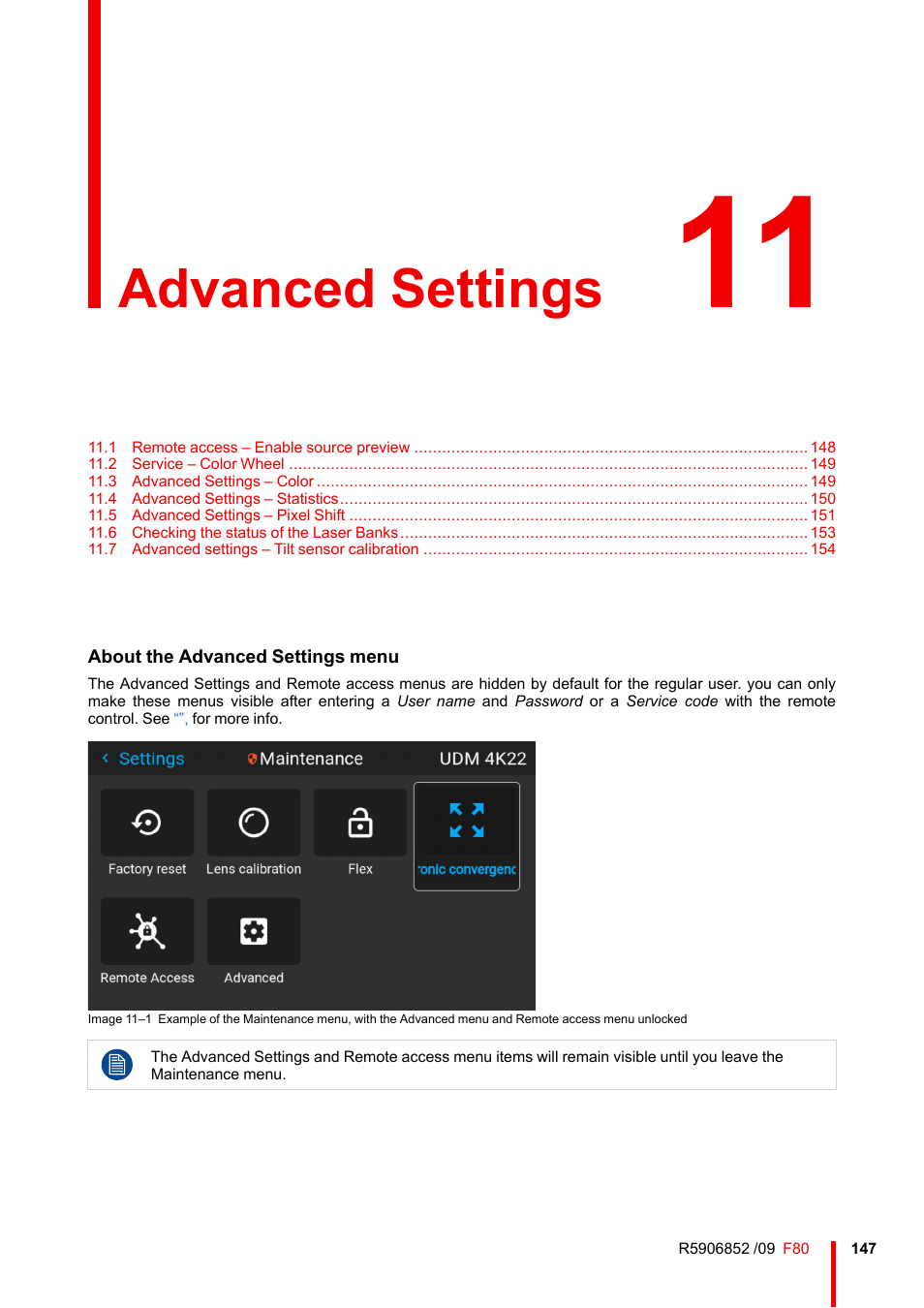 11 advanced settings, Advanced settings | Barco F80-4K9 9000-Lumen 4K UHD DLP Laser Projector (No Lens) User Manual | Page 147 / 210