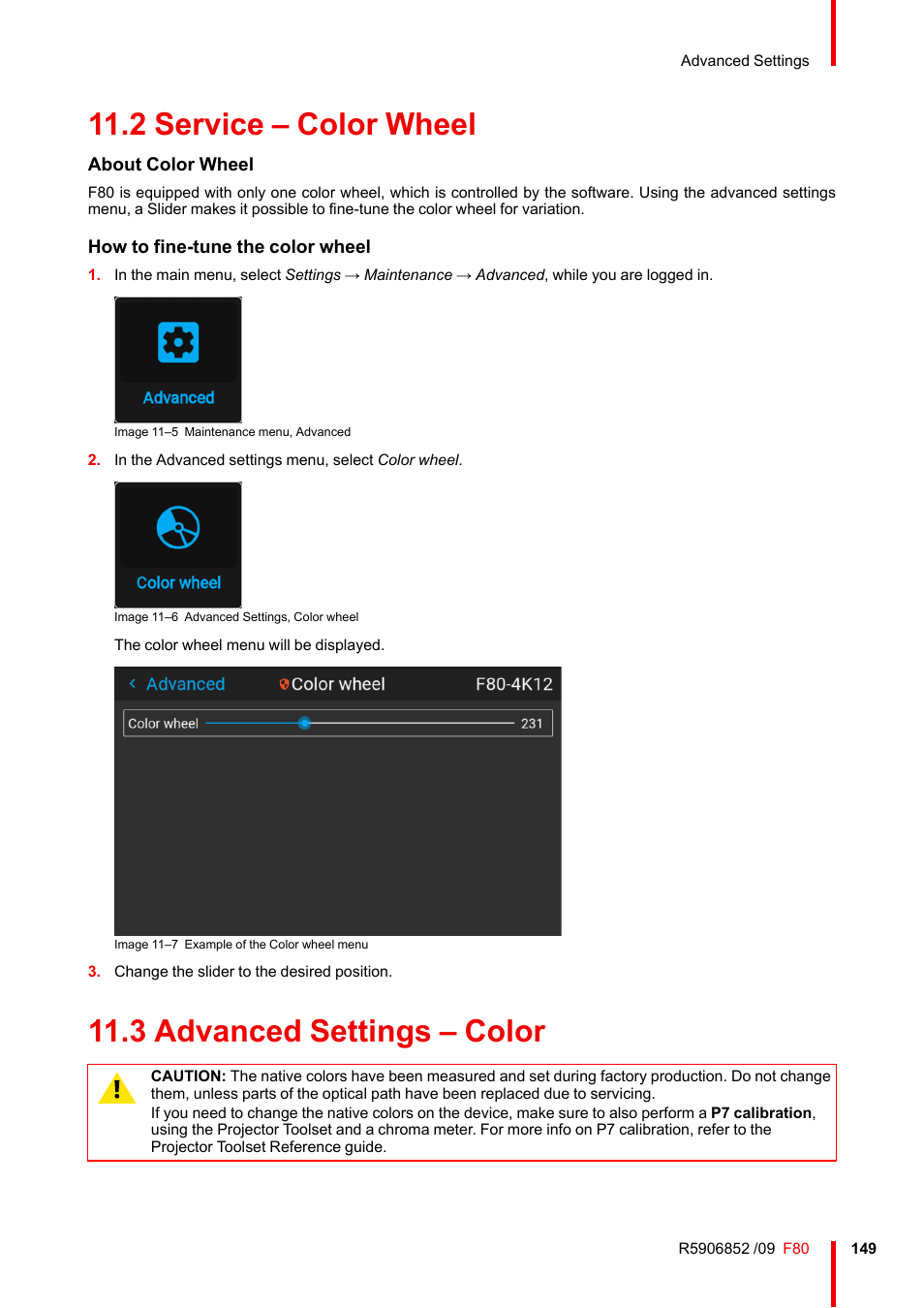 2 service – color wheel, 3 advanced settings – color, Service – color wheel | Advanced settings – color | Barco F80-4K9 9000-Lumen 4K UHD DLP Laser Projector (No Lens) User Manual | Page 149 / 210