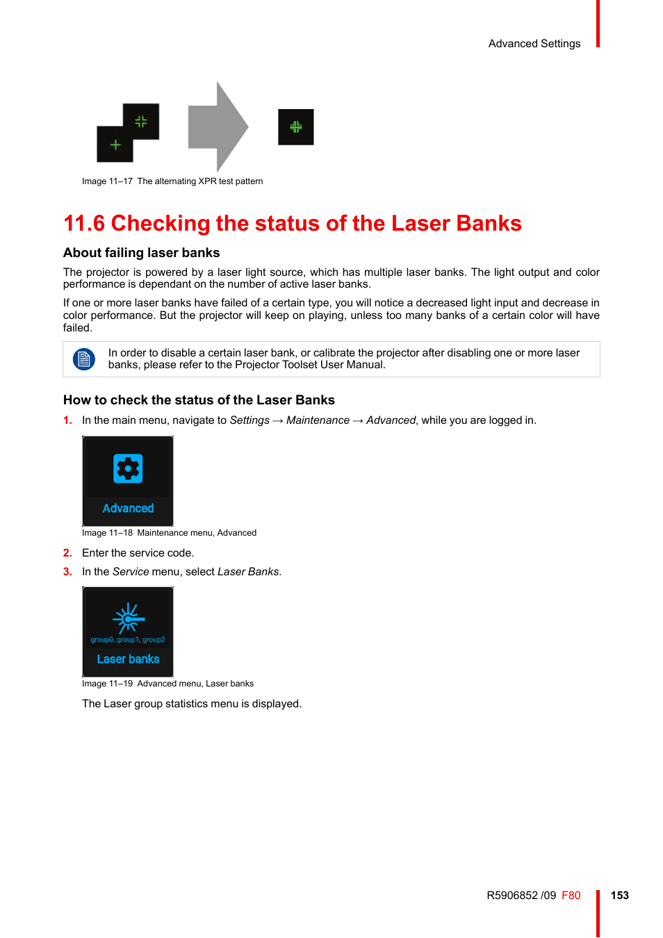 6 checking the status of the laser banks, Checking the status of the laser banks, About failing laser banks | How to check the status of the laser banks | Barco F80-4K9 9000-Lumen 4K UHD DLP Laser Projector (No Lens) User Manual | Page 153 / 210