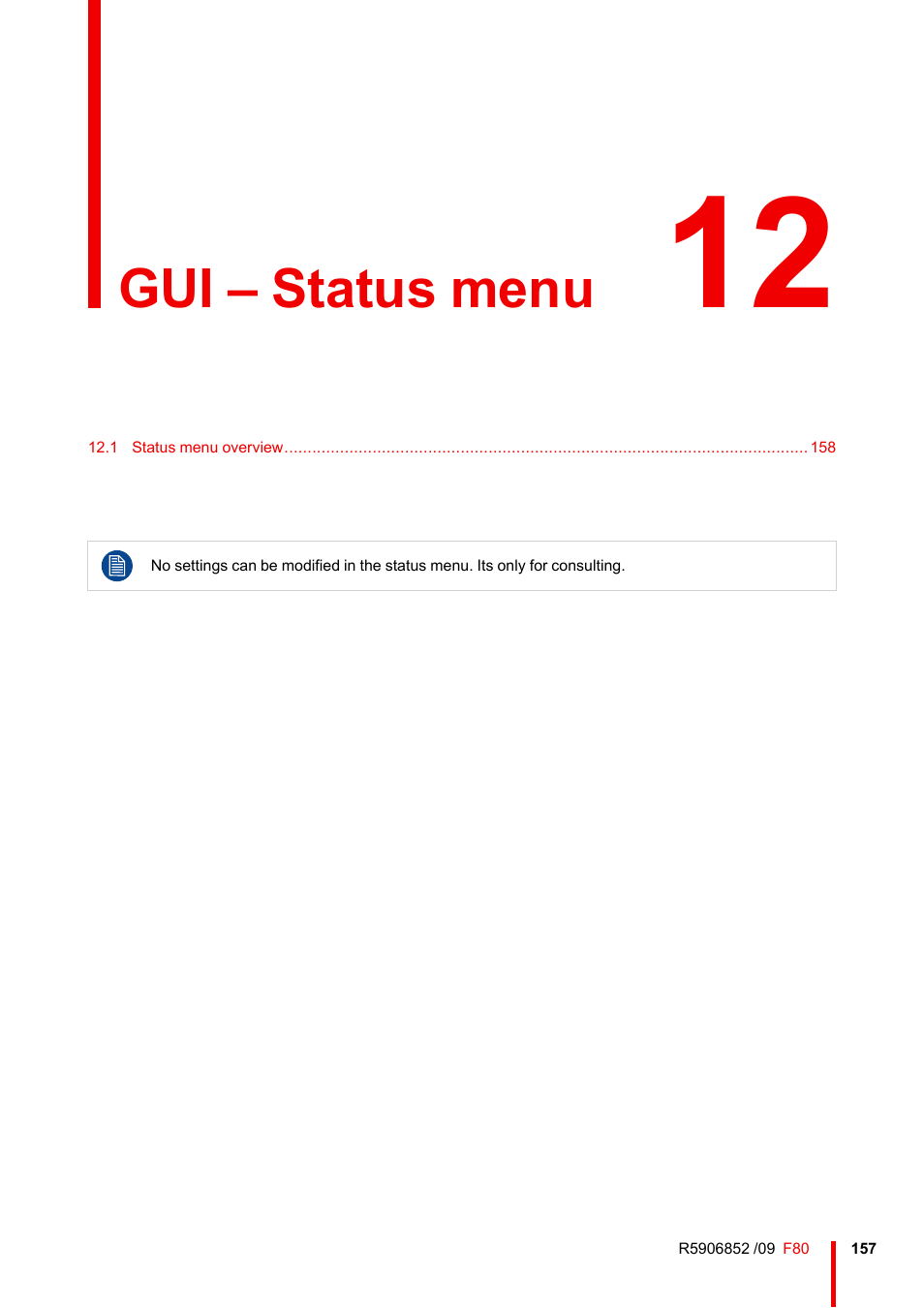 12 gui – status menu, Gui – status menu | Barco F80-4K9 9000-Lumen 4K UHD DLP Laser Projector (No Lens) User Manual | Page 157 / 210