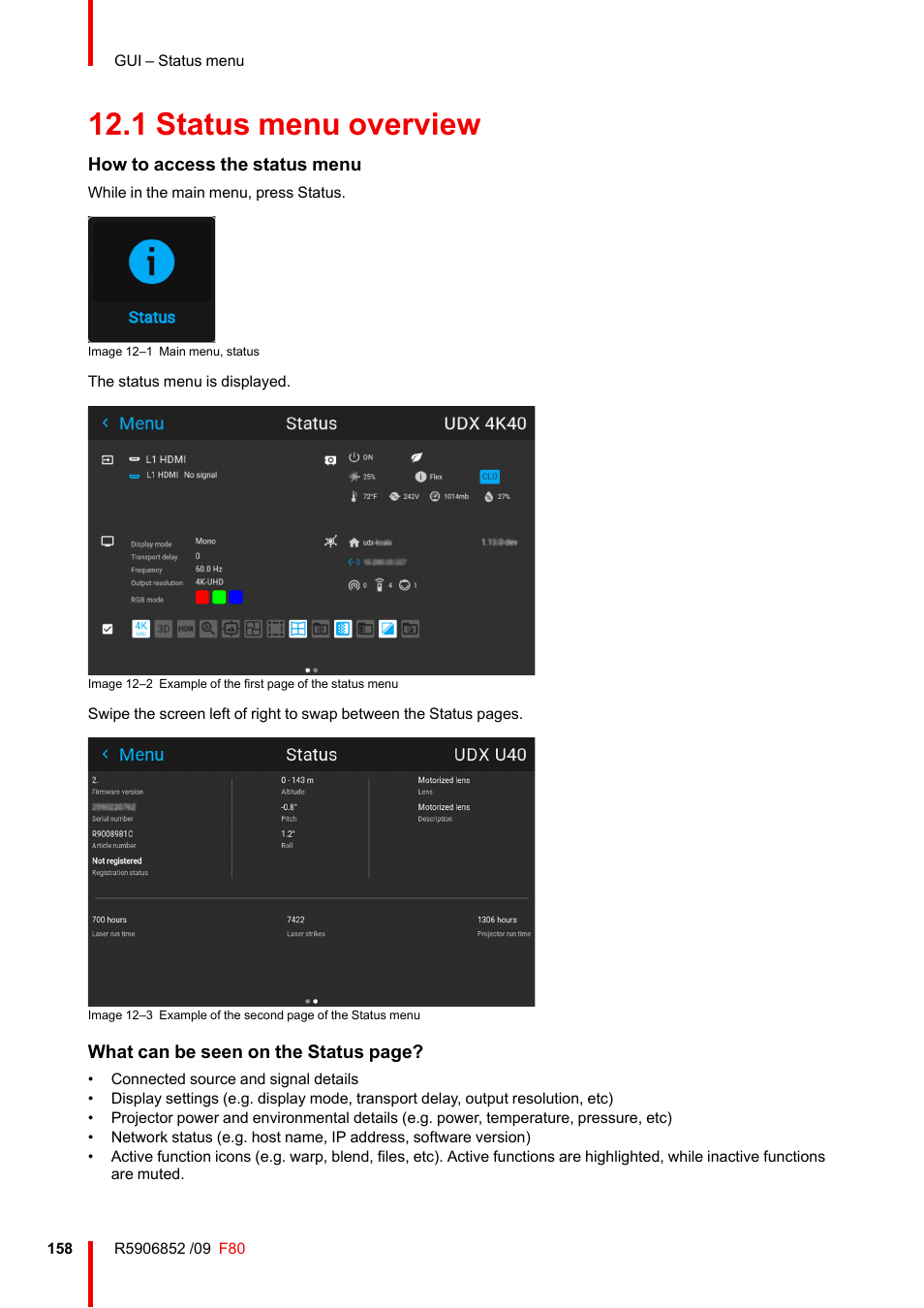 1 status menu overview, Status menu overview | Barco F80-4K9 9000-Lumen 4K UHD DLP Laser Projector (No Lens) User Manual | Page 158 / 210