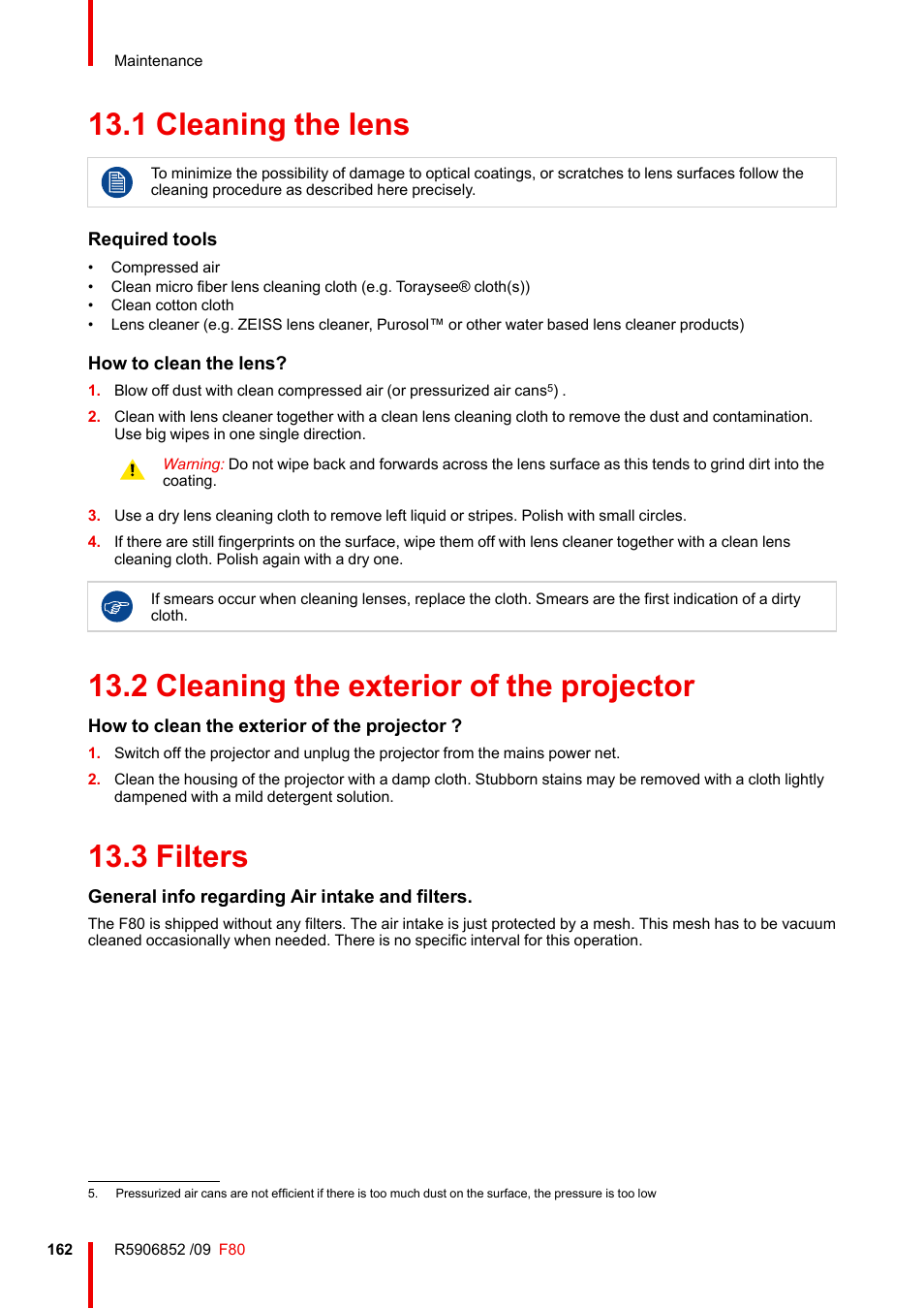 1 cleaning the lens, 2 cleaning the exterior of the projector, 3 filters | Cleaning the lens, Cleaning the exterior of the projector, Filters | Barco F80-4K9 9000-Lumen 4K UHD DLP Laser Projector (No Lens) User Manual | Page 162 / 210