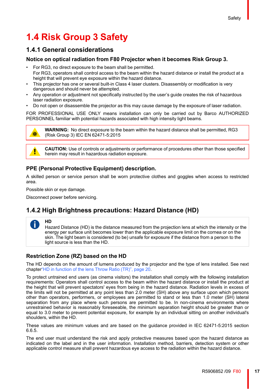 4 risk group 3 safety, 1 general considerations, Risk group 3 safety 1.4.1 | General considerations, High brightness precautions: hazard distance (hd), Risk group 3 safety, High brightness | Barco F80-4K9 9000-Lumen 4K UHD DLP Laser Projector (No Lens) User Manual | Page 17 / 210