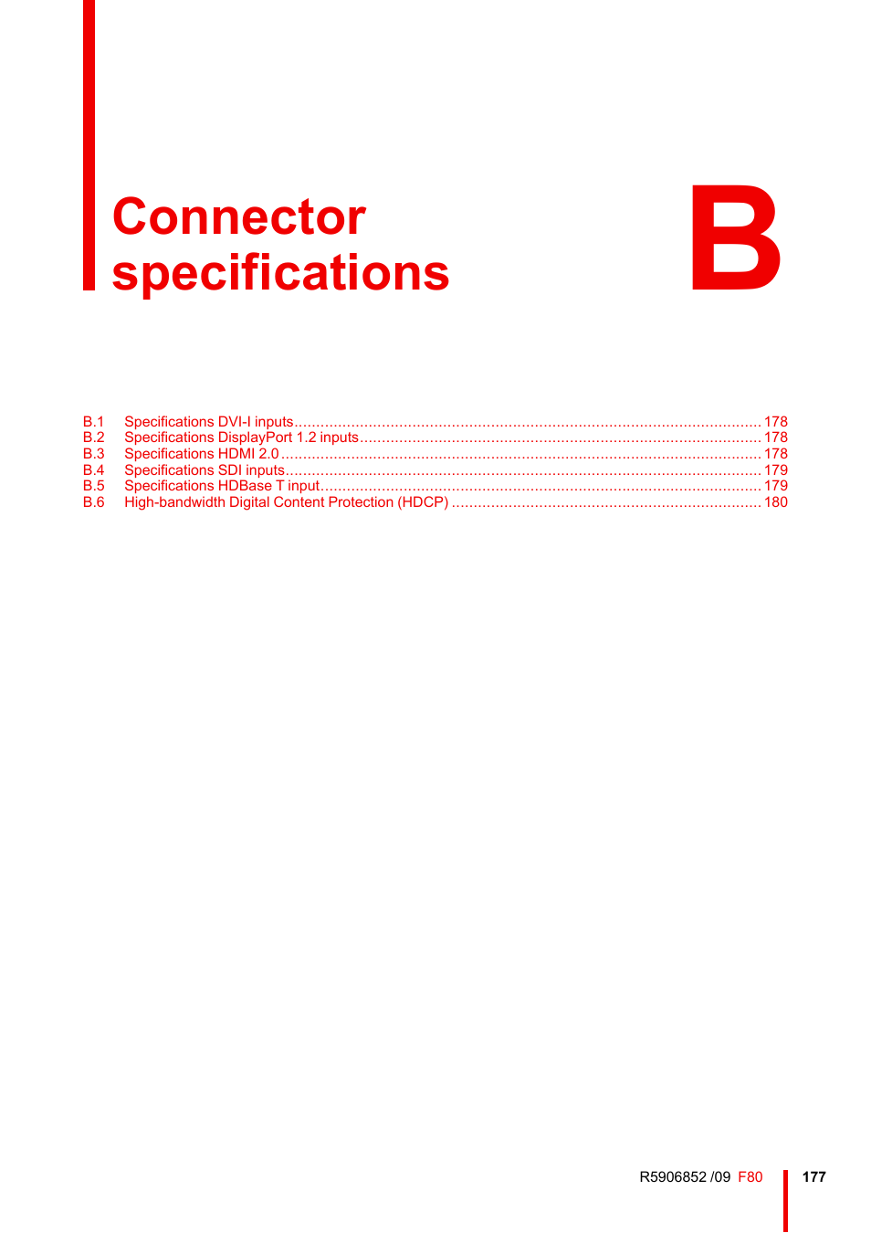B connector specifications, Connector specifications | Barco F80-4K9 9000-Lumen 4K UHD DLP Laser Projector (No Lens) User Manual | Page 177 / 210