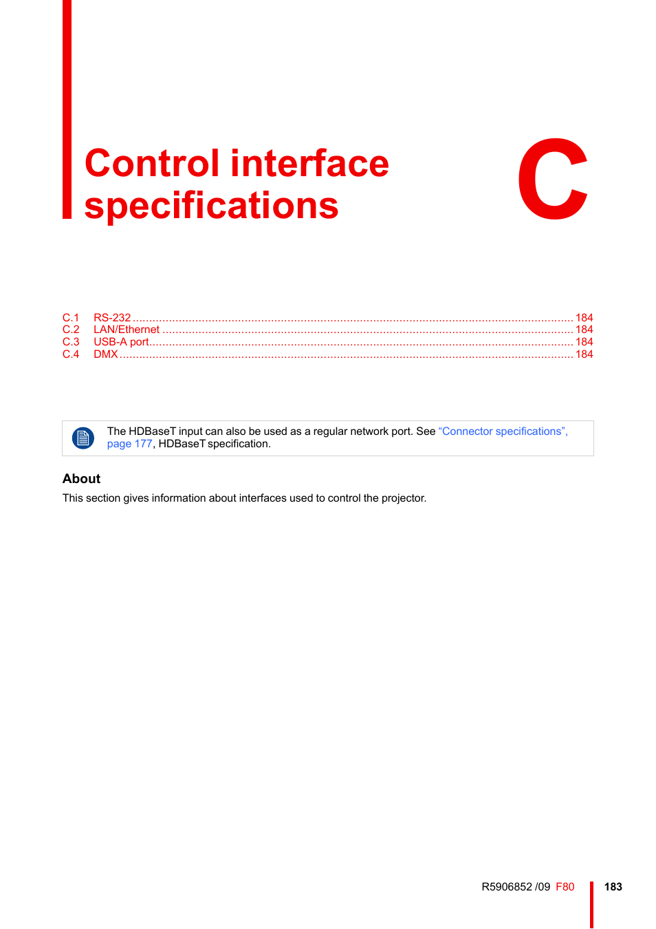 C control interface specifications, Control interface specifications | Barco F80-4K9 9000-Lumen 4K UHD DLP Laser Projector (No Lens) User Manual | Page 183 / 210