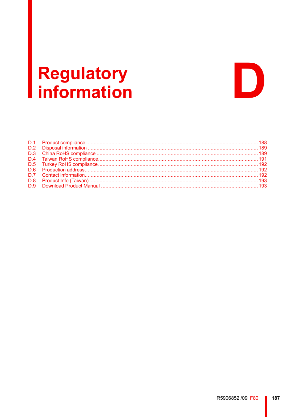 D regulatory information, Regulatory information | Barco F80-4K9 9000-Lumen 4K UHD DLP Laser Projector (No Lens) User Manual | Page 187 / 210