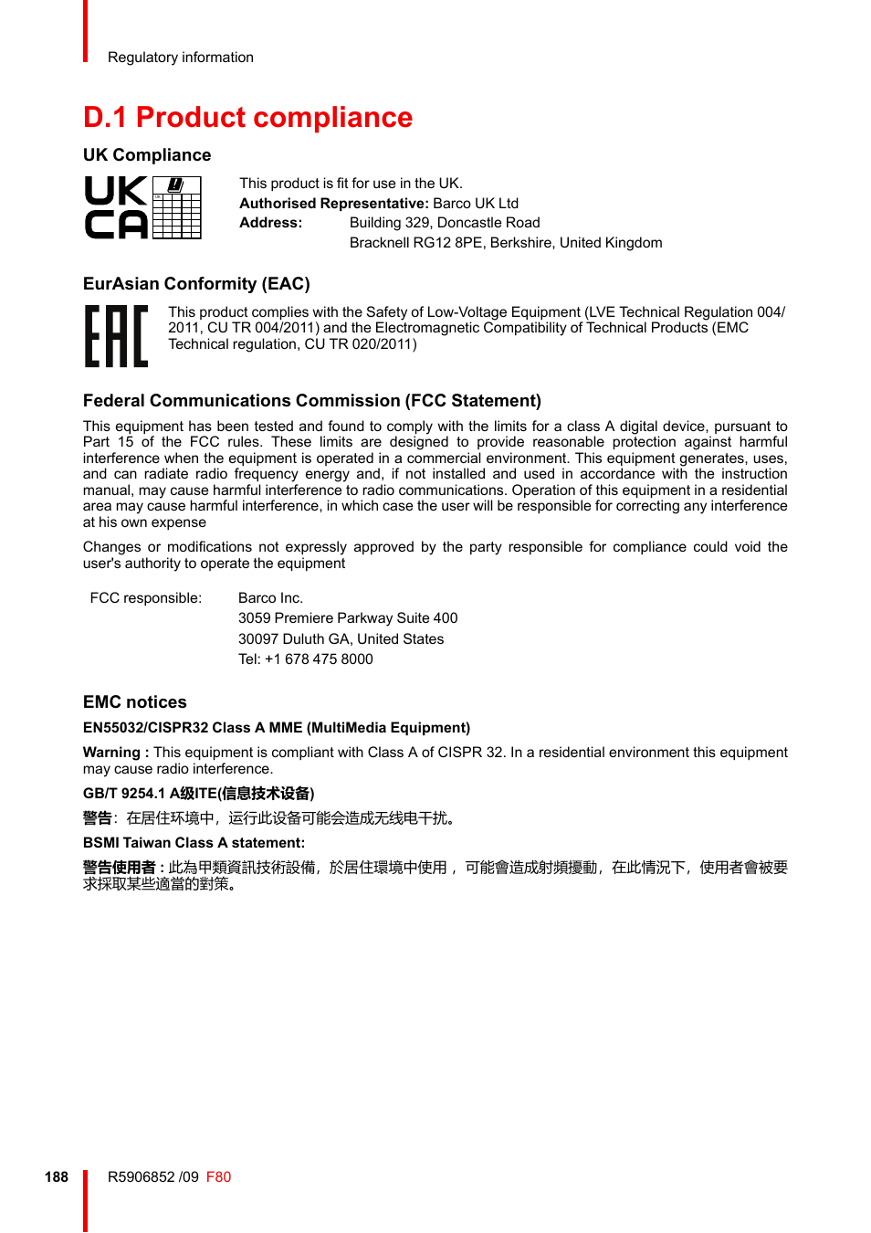 D.1 product compliance, Product compliance | Barco F80-4K9 9000-Lumen 4K UHD DLP Laser Projector (No Lens) User Manual | Page 188 / 210