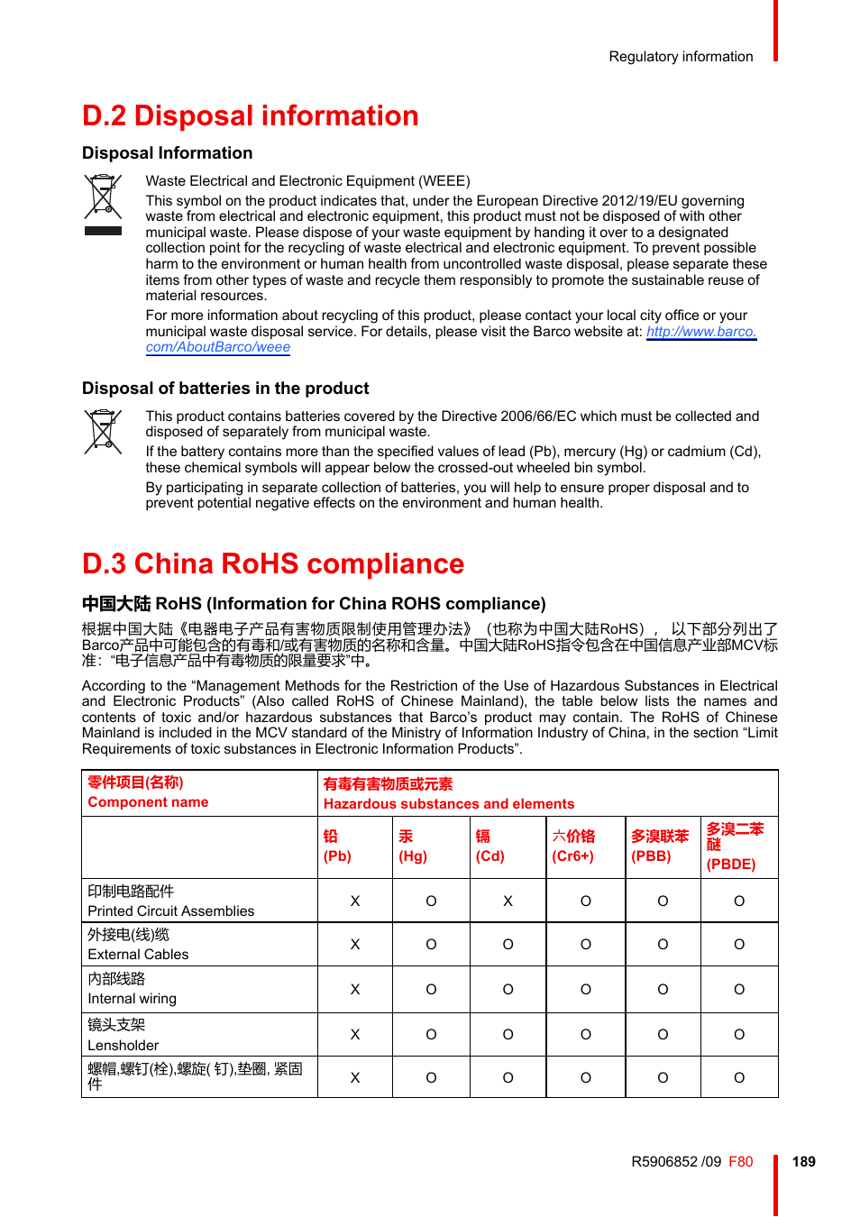 D.2 disposal information, D.3 china rohs compliance, Disposal information | China rohs compliance, Disposal of batteries in the product, 中国大陆 rohs (information for china rohs compliance) | Barco F80-4K9 9000-Lumen 4K UHD DLP Laser Projector (No Lens) User Manual | Page 189 / 210