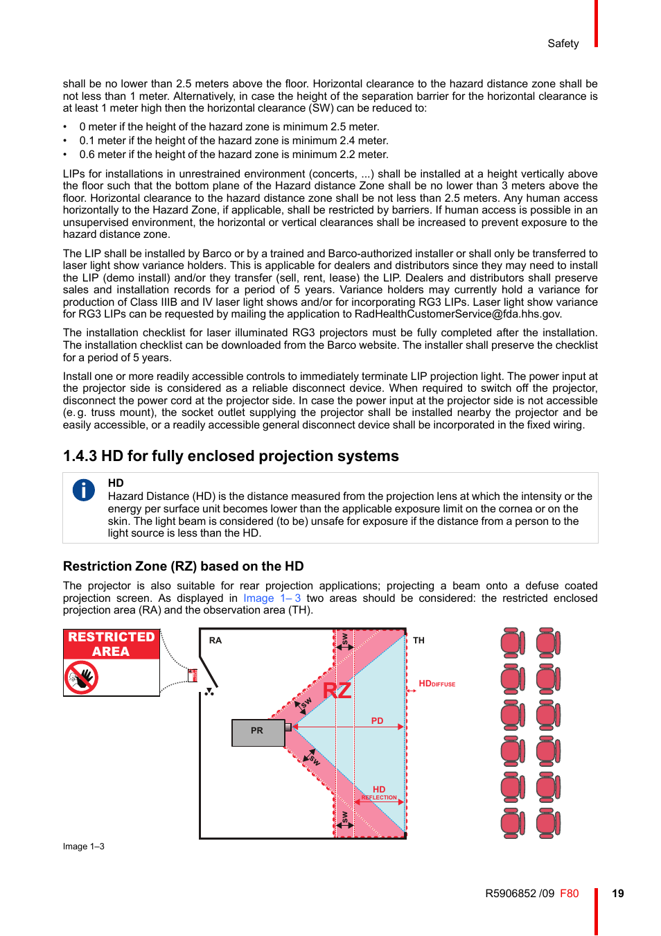 3 hd for fully enclosed projection systems, Hd for fully enclosed projection systems, Restriction zone (rz) based on the hd | Restricted area, Safety | Barco F80-4K9 9000-Lumen 4K UHD DLP Laser Projector (No Lens) User Manual | Page 19 / 210