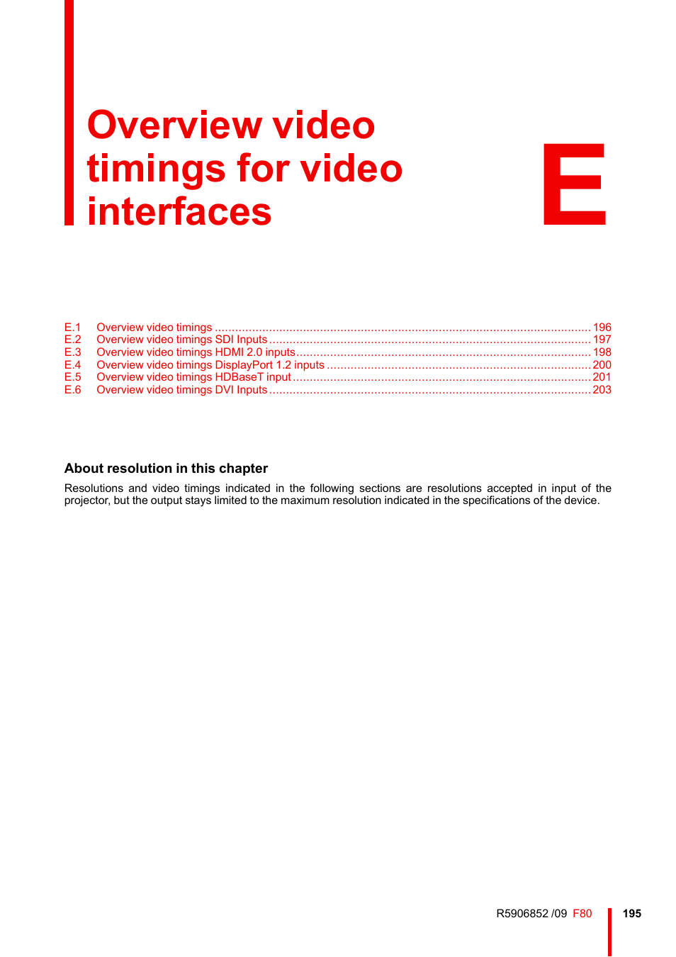 E overview video timings for video interfaces, Overview video timings for video interfaces | Barco F80-4K9 9000-Lumen 4K UHD DLP Laser Projector (No Lens) User Manual | Page 195 / 210