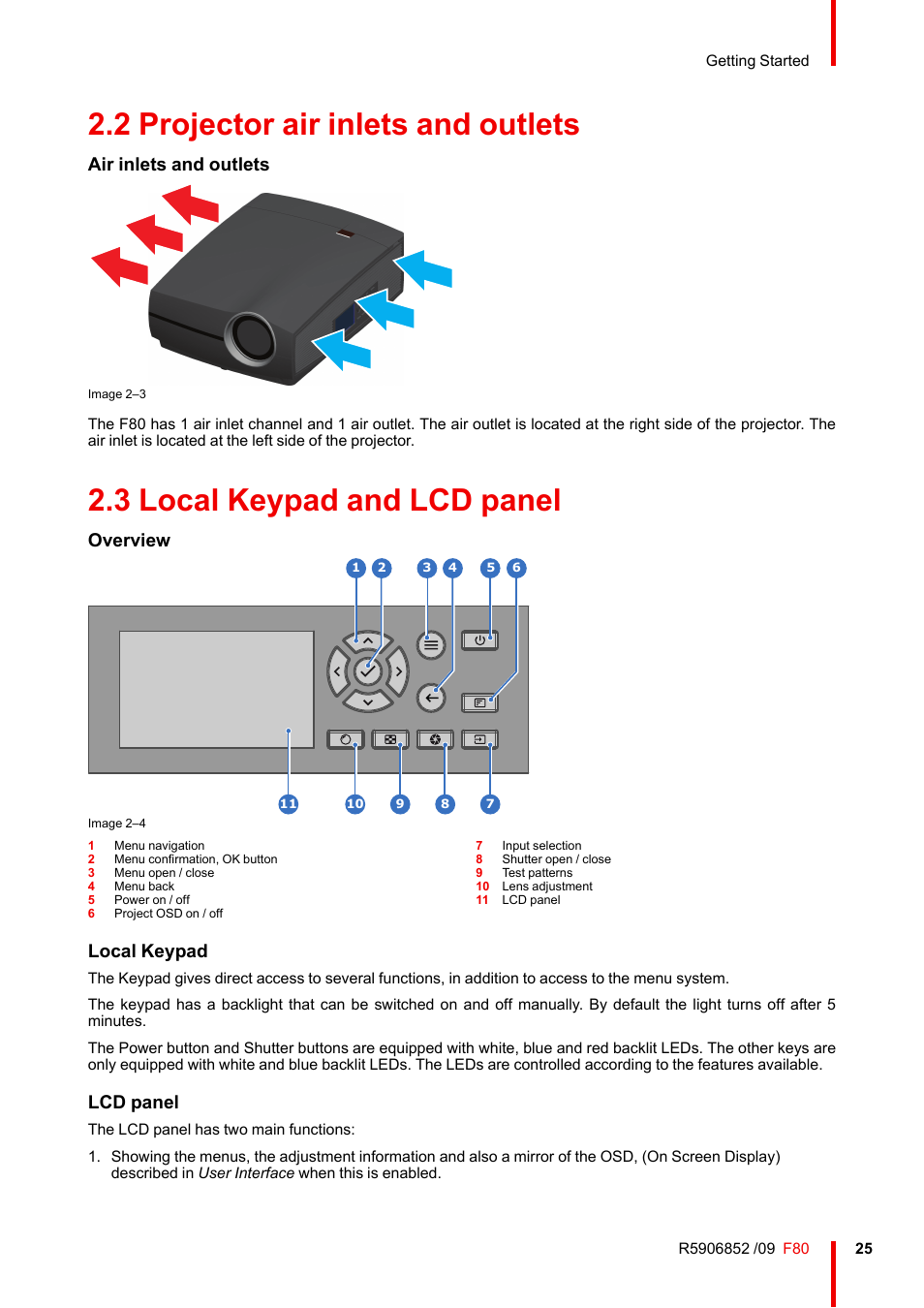 2 projector air inlets and outlets, 3 local keypad and lcd panel, Projector air inlets and outlets | Local keypad and lcd panel, Air inlets and outlets, Overview, Local keypad, Lcd panel | Barco F80-4K9 9000-Lumen 4K UHD DLP Laser Projector (No Lens) User Manual | Page 25 / 210