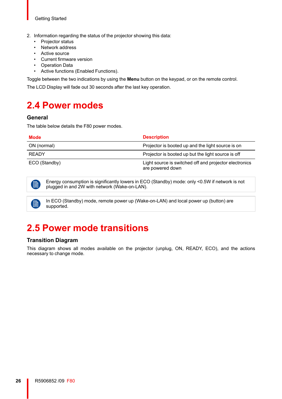 4 power modes, 5 power mode transitions, Power modes | Power mode transitions | Barco F80-4K9 9000-Lumen 4K UHD DLP Laser Projector (No Lens) User Manual | Page 26 / 210