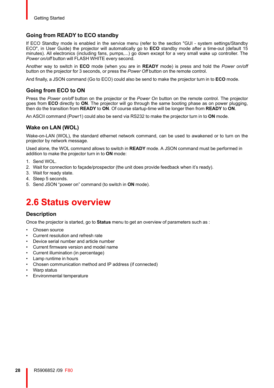 6 status overview, Status overview, Going from ready to eco standby | Going from eco to on, Wake on lan (wol), Description | Barco F80-4K9 9000-Lumen 4K UHD DLP Laser Projector (No Lens) User Manual | Page 28 / 210