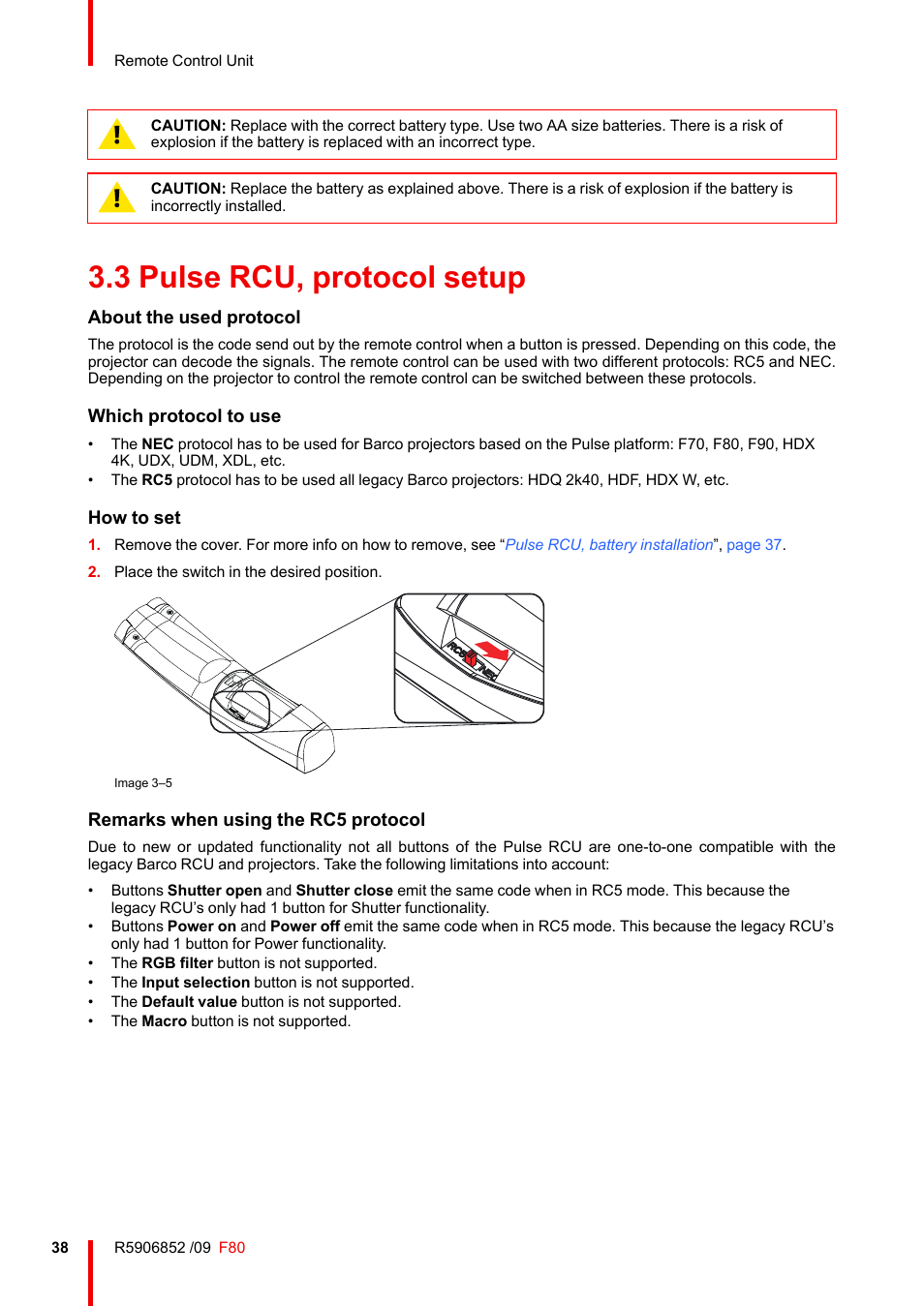 3 pulse rcu, protocol setup, Pulse rcu, protocol setup, About the used protocol | Which protocol to use, How to set, Remarks when using the rc5 protocol | Barco F80-4K9 9000-Lumen 4K UHD DLP Laser Projector (No Lens) User Manual | Page 38 / 210