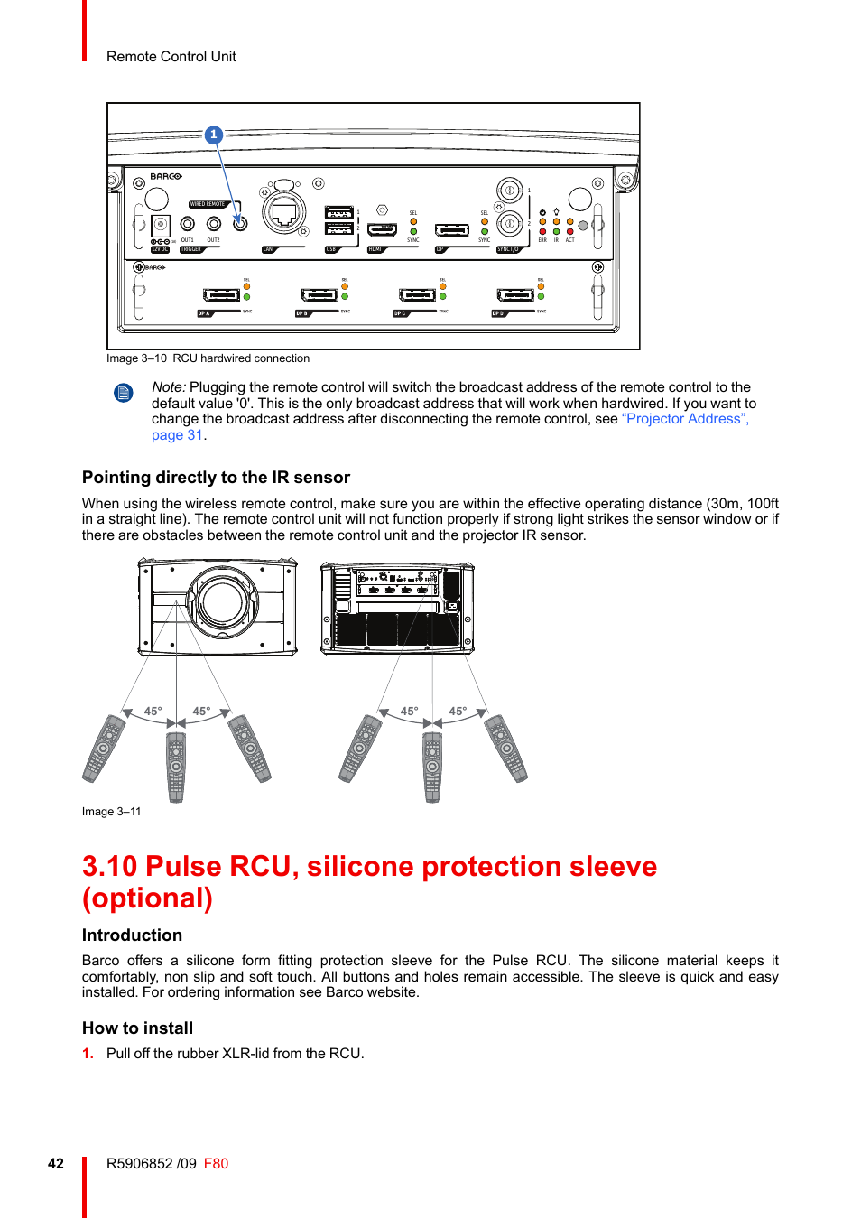 Pulse rcu, silicone protection sleeve (optional), Pointing directly to the ir sensor, Introduction | How to install | Barco F80-4K9 9000-Lumen 4K UHD DLP Laser Projector (No Lens) User Manual | Page 42 / 210