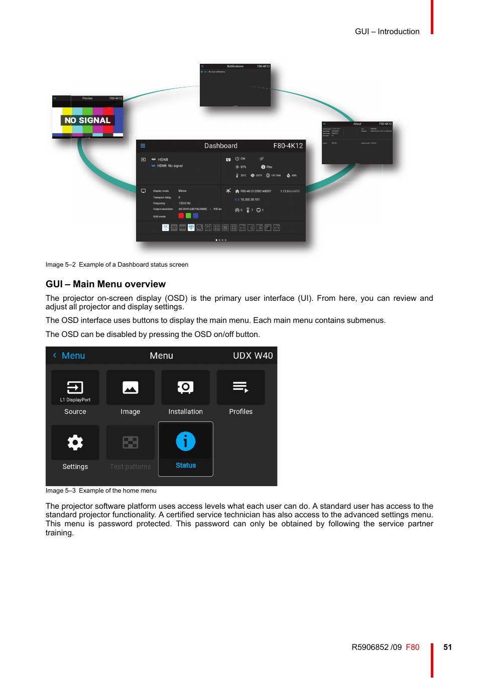 Gui – main menu overview | Barco F80-4K9 9000-Lumen 4K UHD DLP Laser Projector (No Lens) User Manual | Page 51 / 210