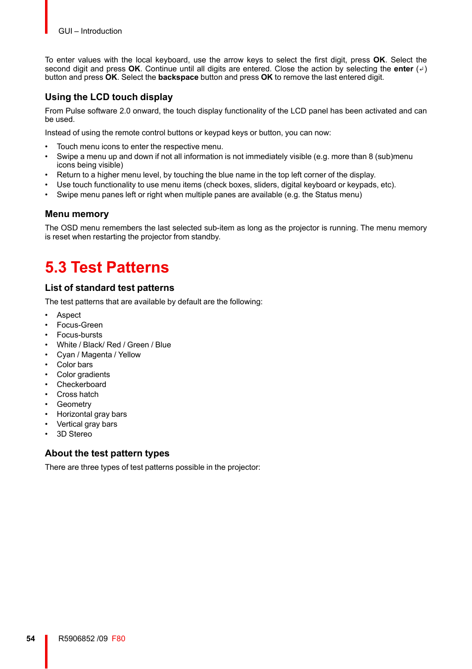 3 test patterns, Test patterns, Using the lcd touch display | List of standard test patterns, About the test pattern types | Barco F80-4K9 9000-Lumen 4K UHD DLP Laser Projector (No Lens) User Manual | Page 54 / 210