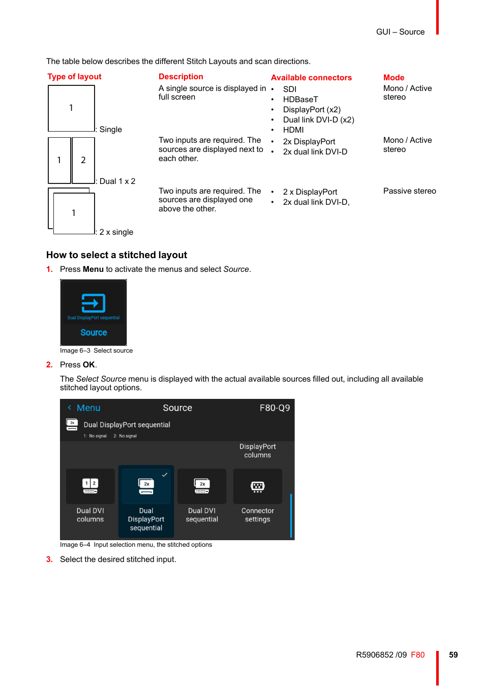 How to select a stitched layout | Barco F80-4K9 9000-Lumen 4K UHD DLP Laser Projector (No Lens) User Manual | Page 59 / 210