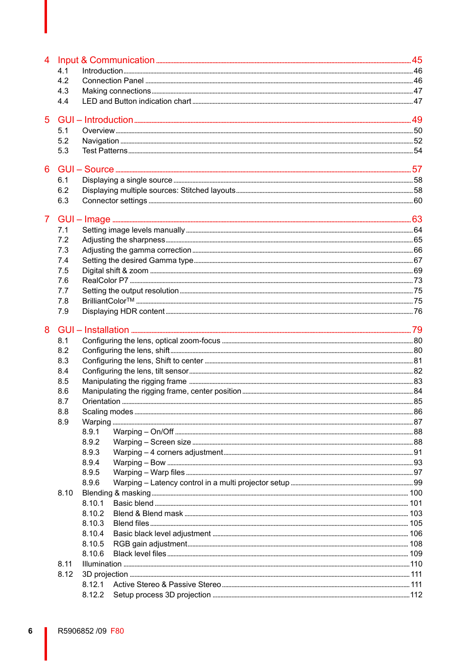 4 input & communication, 5 gui – introduction, 6 gui – source | 7 gui – image, 8 gui – installation | Barco F80-4K9 9000-Lumen 4K UHD DLP Laser Projector (No Lens) User Manual | Page 6 / 210