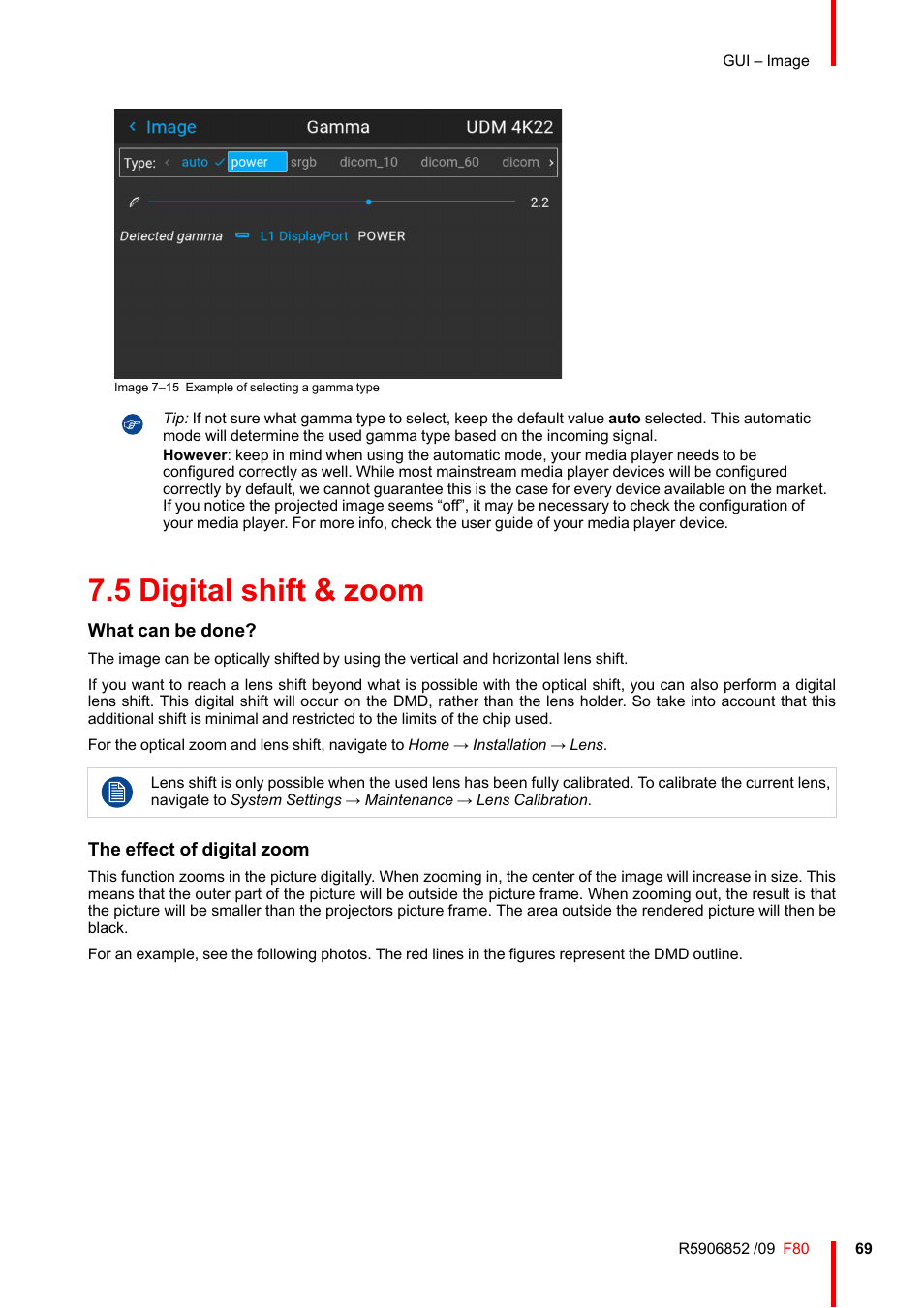 5 digital shift & zoom, Digital shift & zoom | Barco F80-4K9 9000-Lumen 4K UHD DLP Laser Projector (No Lens) User Manual | Page 69 / 210