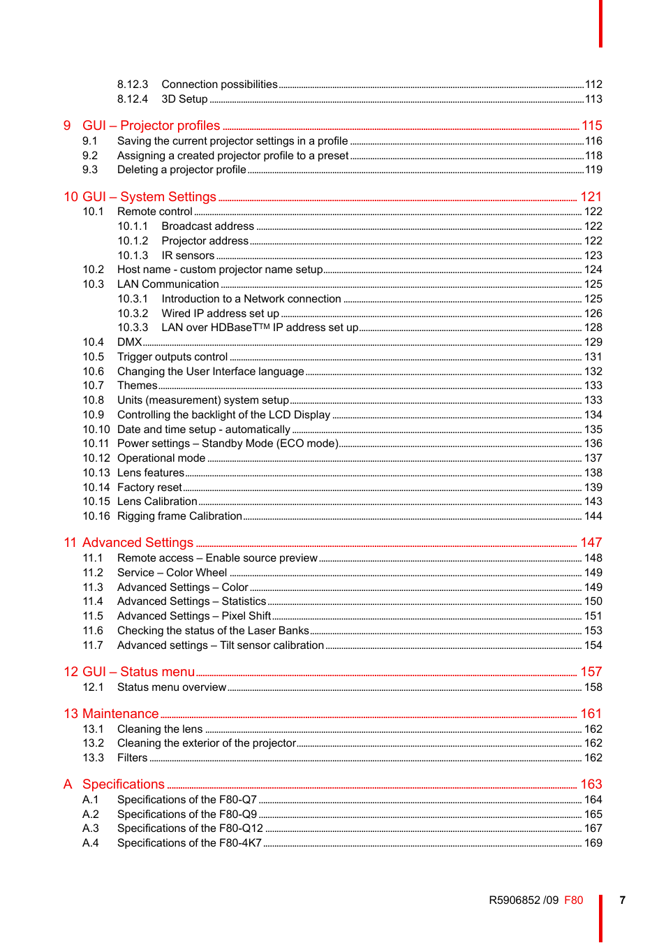 9 gui – projector profiles, 10 gui – system settings, 11 advanced settings | 12 gui – status menu, 13 maintenance, A specifications | Barco F80-4K9 9000-Lumen 4K UHD DLP Laser Projector (No Lens) User Manual | Page 7 / 210