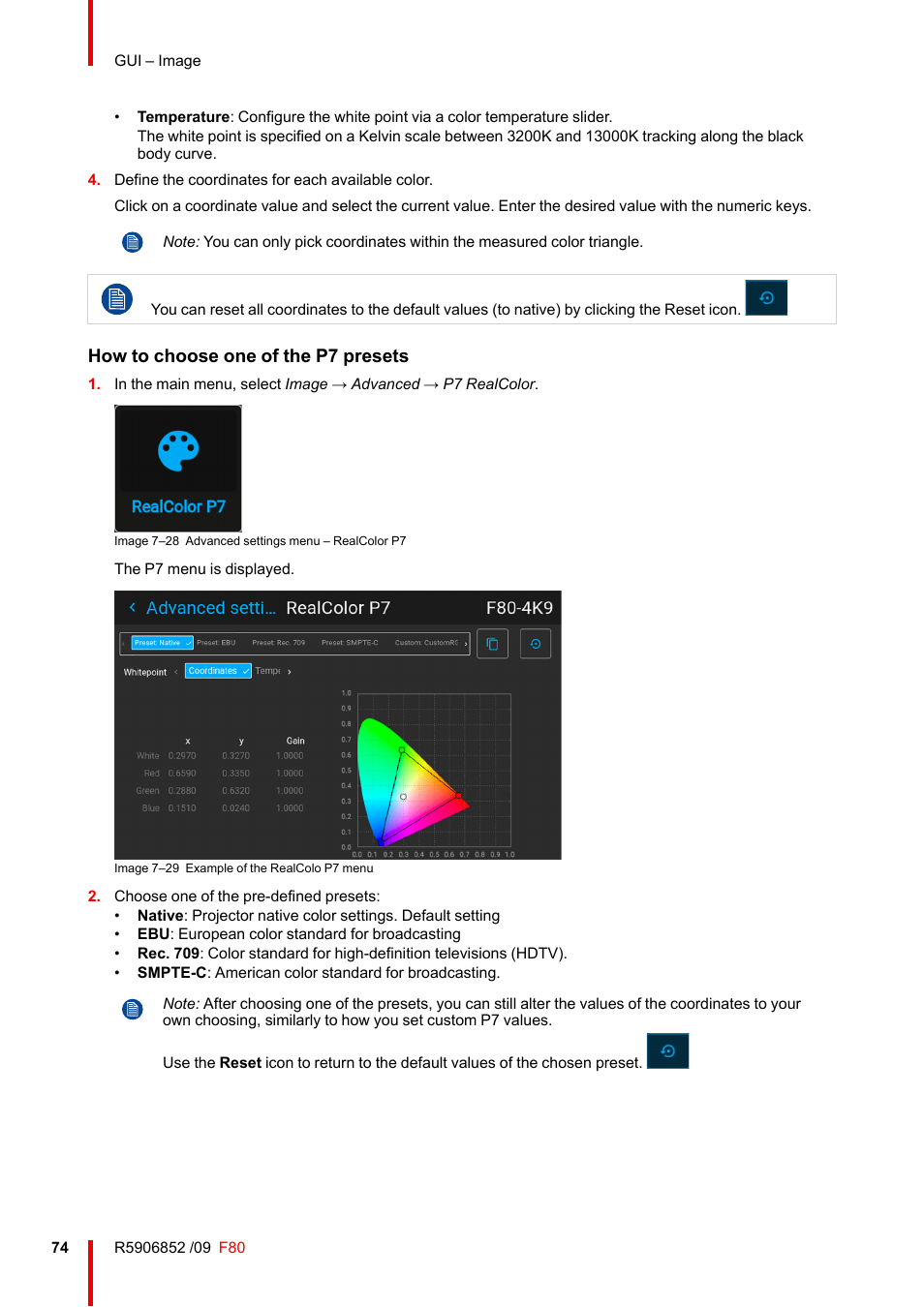 How to choose one of the p7 presets | Barco F80-4K9 9000-Lumen 4K UHD DLP Laser Projector (No Lens) User Manual | Page 74 / 210