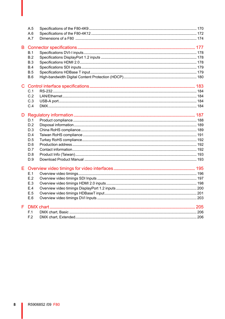 B connector specifications, C control interface specifications, D regulatory information | E overview video timings for video interfaces, F dmx chart | Barco F80-4K9 9000-Lumen 4K UHD DLP Laser Projector (No Lens) User Manual | Page 8 / 210