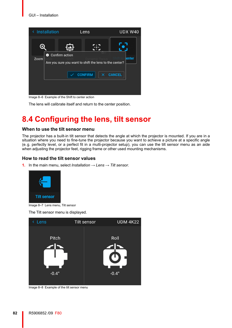 4 configuring the lens, tilt sensor, Configuring the lens, tilt sensor | Barco F80-4K9 9000-Lumen 4K UHD DLP Laser Projector (No Lens) User Manual | Page 82 / 210