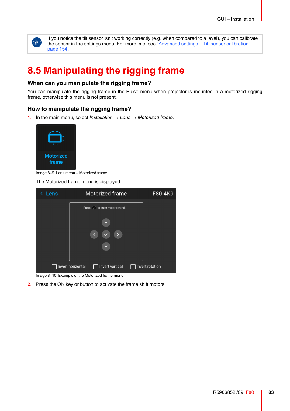 5 manipulating the rigging frame, Manipulating the rigging frame | Barco F80-4K9 9000-Lumen 4K UHD DLP Laser Projector (No Lens) User Manual | Page 83 / 210