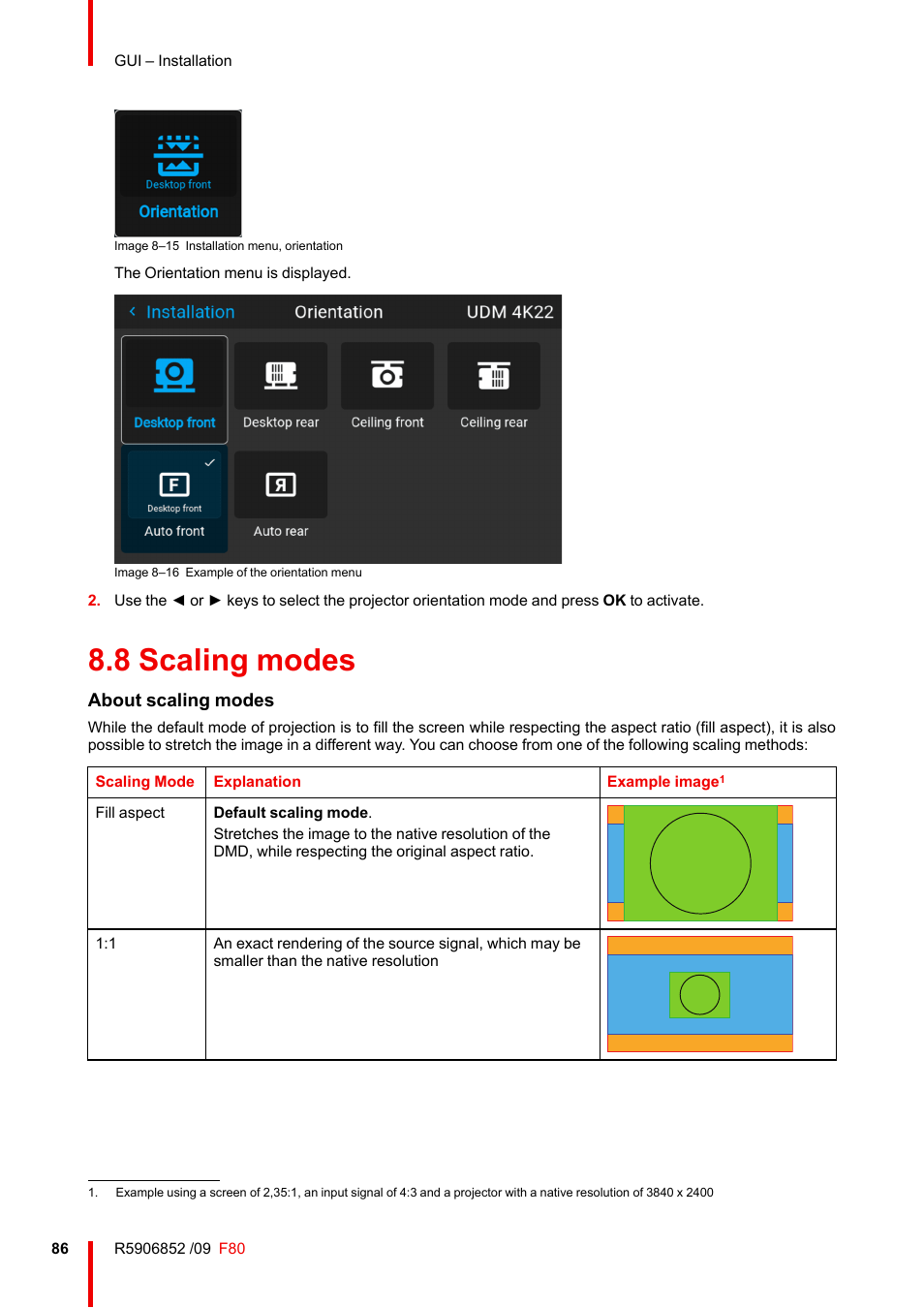 8 scaling modes, Scaling modes, About scaling modes | Barco F80-4K9 9000-Lumen 4K UHD DLP Laser Projector (No Lens) User Manual | Page 86 / 210