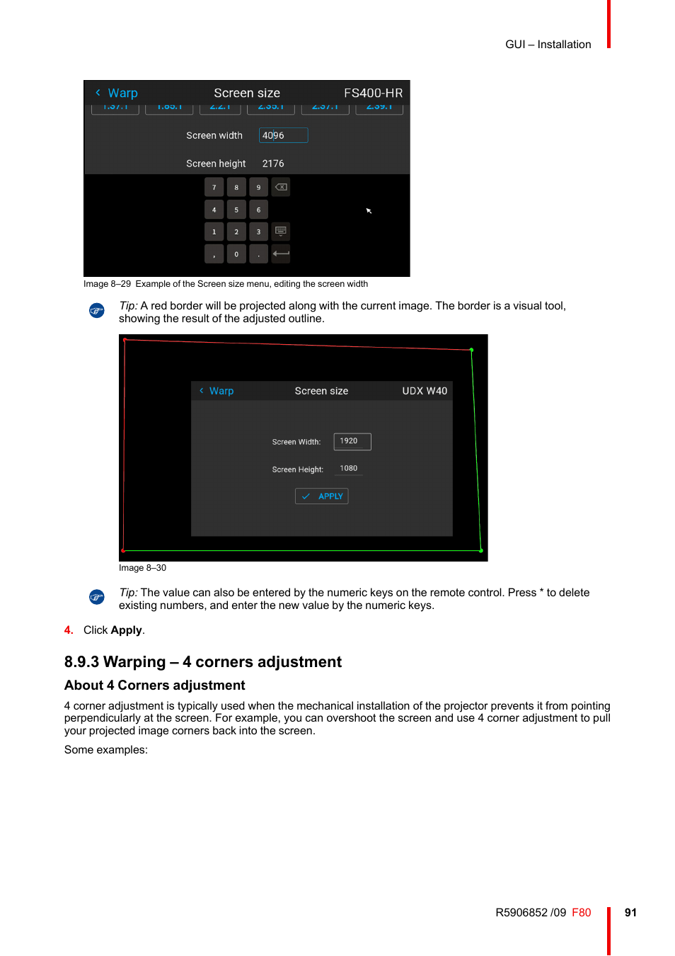 3 warping – 4 corners adjustment, Warping – 4 corners adjustment, About 4 corners adjustment | Barco F80-4K9 9000-Lumen 4K UHD DLP Laser Projector (No Lens) User Manual | Page 91 / 210