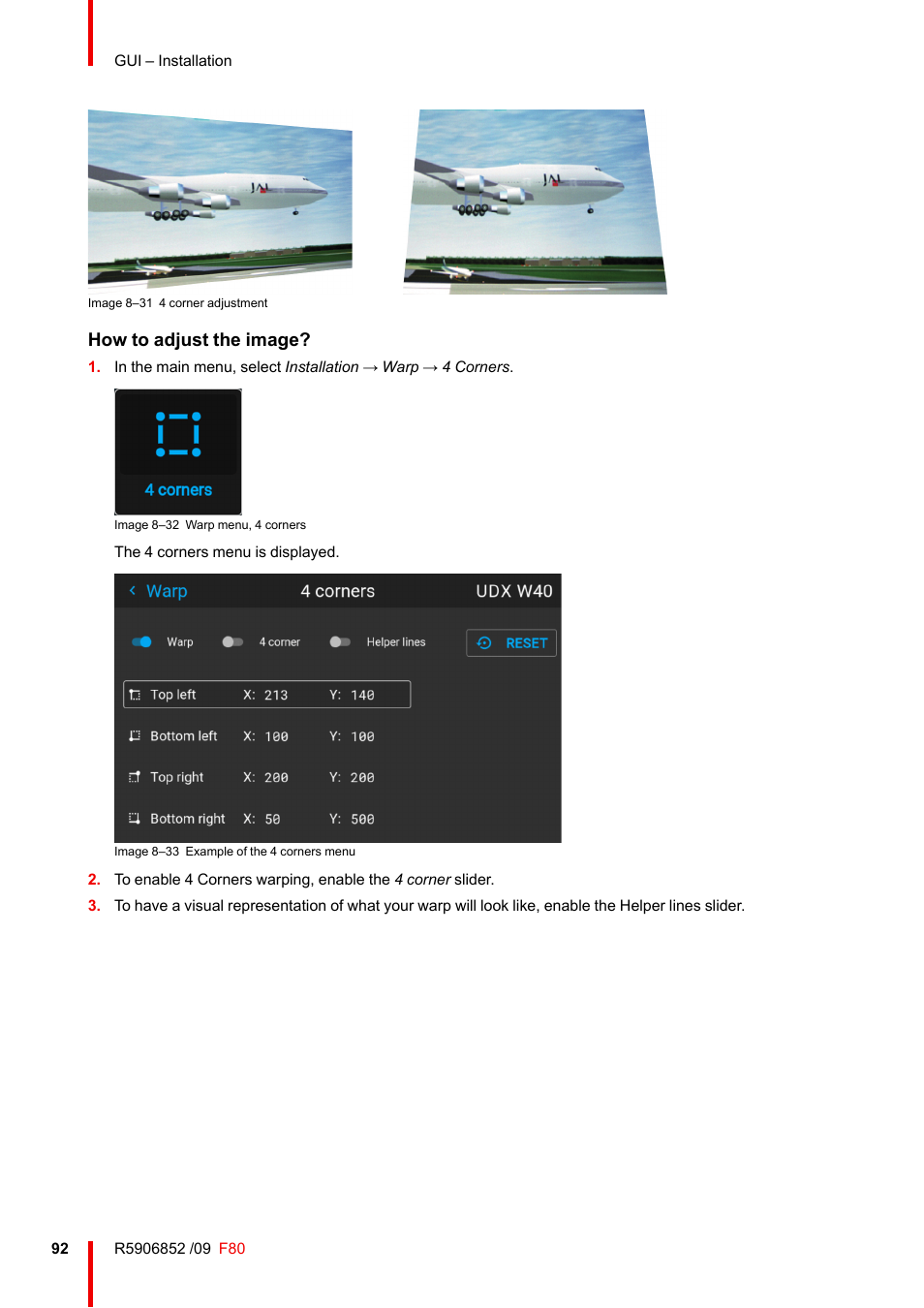 How to adjust the image | Barco F80-4K9 9000-Lumen 4K UHD DLP Laser Projector (No Lens) User Manual | Page 92 / 210