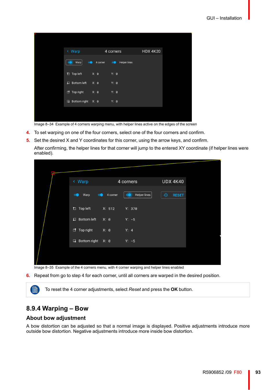 4 warping – bow, Warping – bow, About bow adjustment | Barco F80-4K9 9000-Lumen 4K UHD DLP Laser Projector (No Lens) User Manual | Page 93 / 210