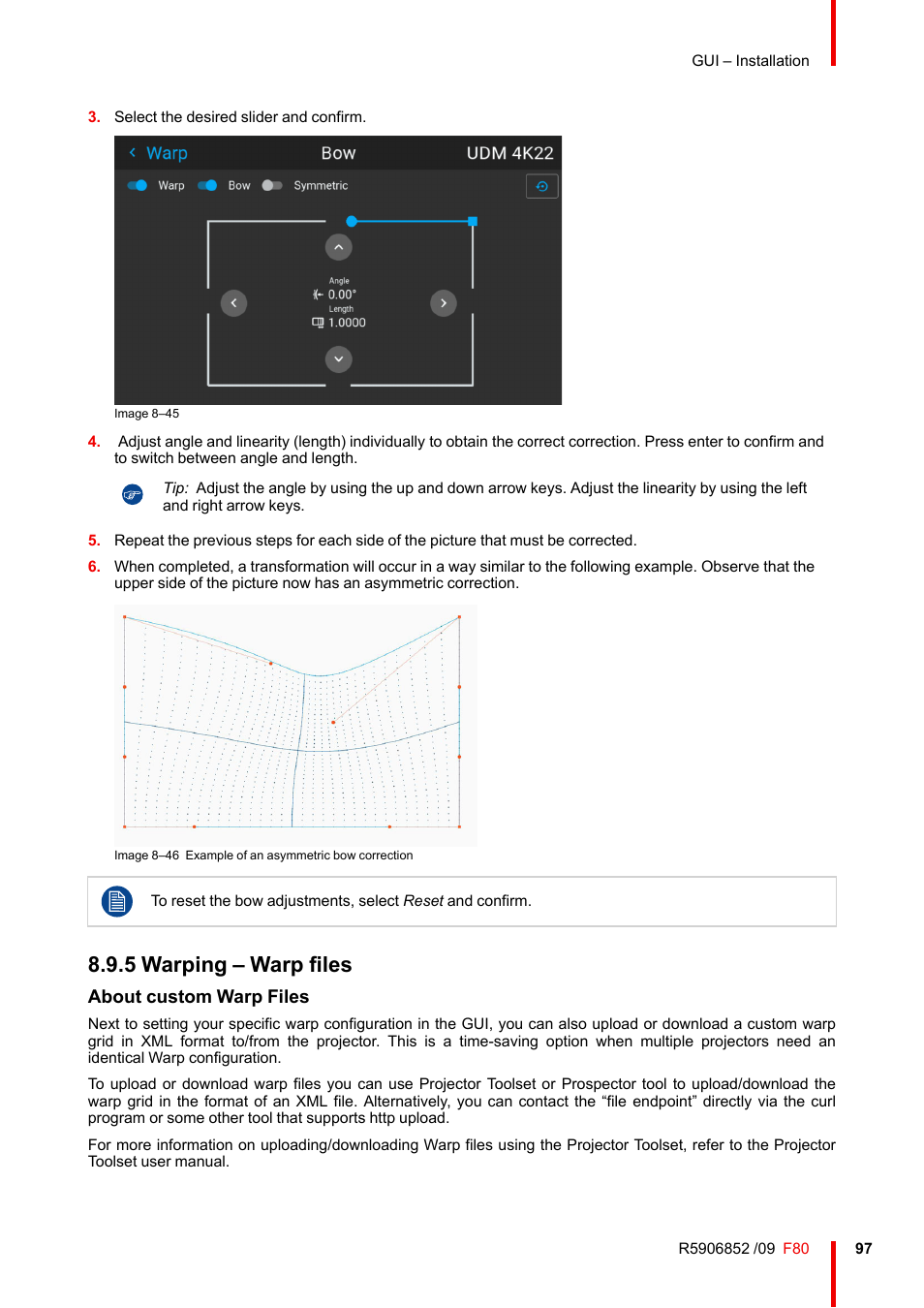 5 warping – warp files, Warping – warp files, About custom warp files | Barco F80-4K9 9000-Lumen 4K UHD DLP Laser Projector (No Lens) User Manual | Page 97 / 210