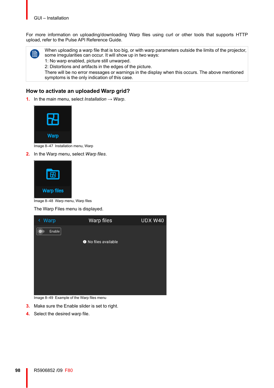 How to activate an uploaded warp grid | Barco F80-4K9 9000-Lumen 4K UHD DLP Laser Projector (No Lens) User Manual | Page 98 / 210