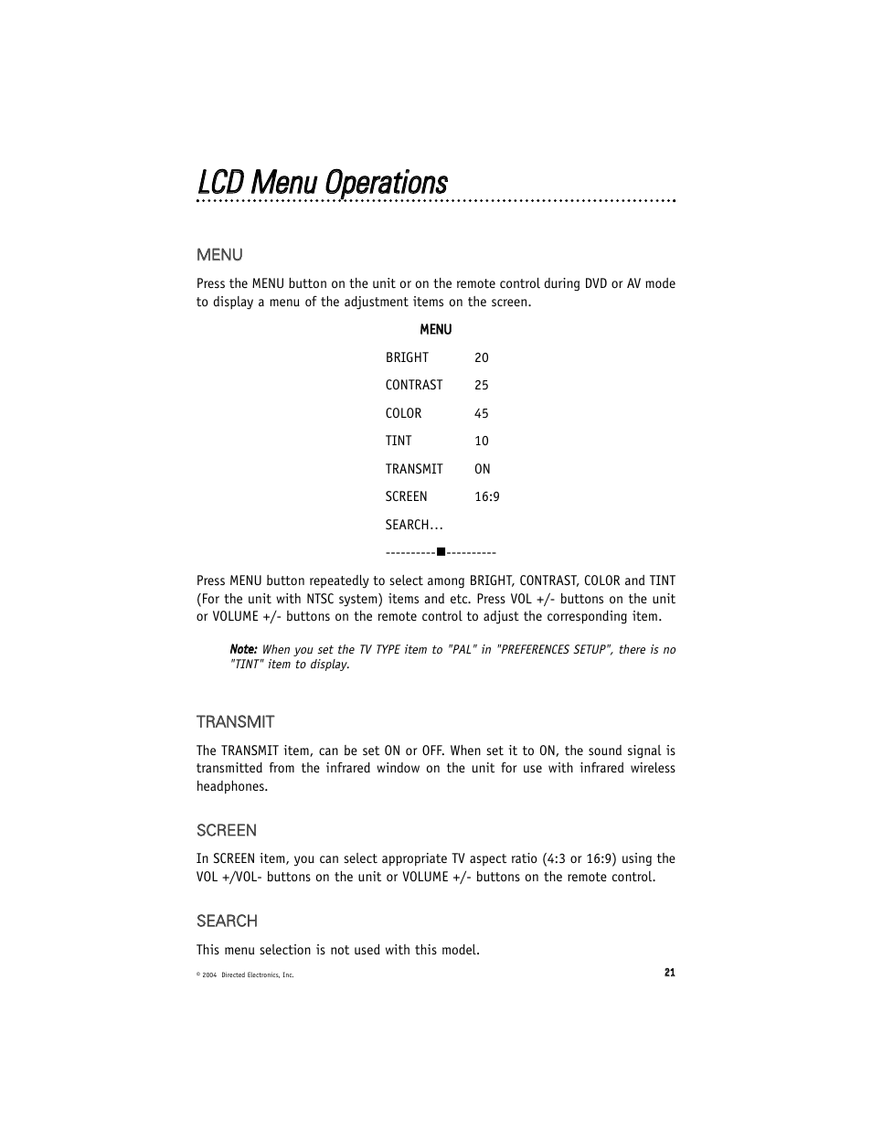 Llc cd d m meennuu o oppeerraattiioonnss | Directed Electronics OHD070A User Manual | Page 21 / 47