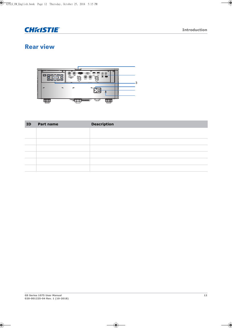 Rear view | Christie DWU1075-GS 10,875-Lumen WUXGA 1DLP Laser Phosphor Projector with BoldColor Technology (No Lens) User Manual | Page 12 / 102