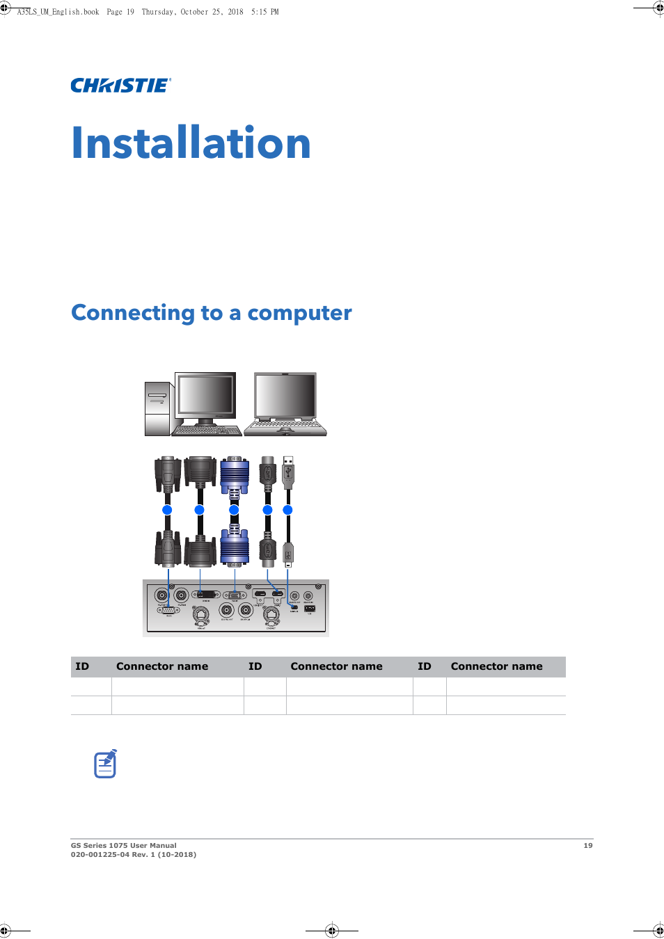 Installation, Connecting to a computer | Christie DWU1075-GS 10,875-Lumen WUXGA 1DLP Laser Phosphor Projector with BoldColor Technology (No Lens) User Manual | Page 19 / 102