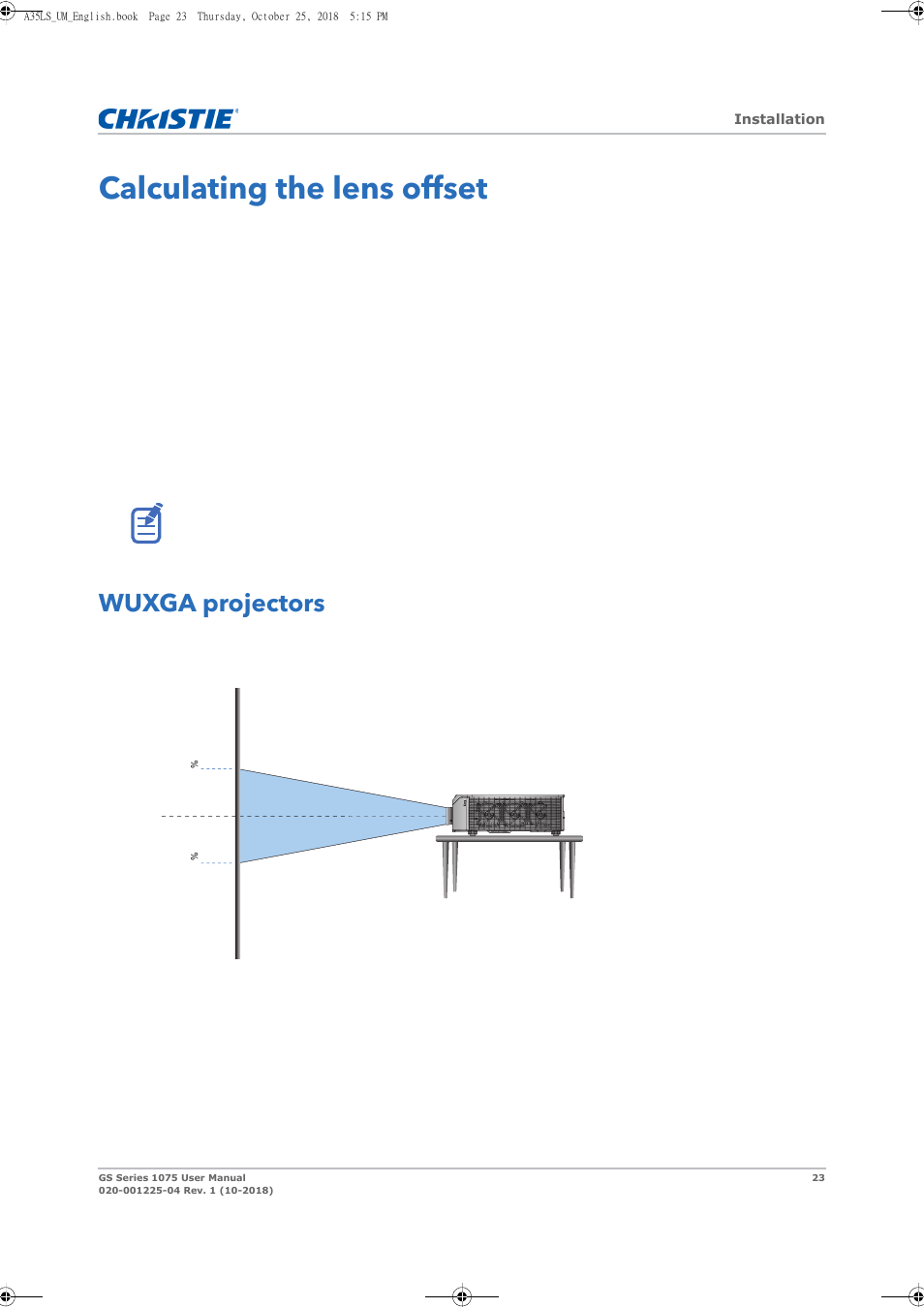 Calculating the lens offset, Wuxga projectors | Christie DWU1075-GS 10,875-Lumen WUXGA 1DLP Laser Phosphor Projector with BoldColor Technology (No Lens) User Manual | Page 23 / 102