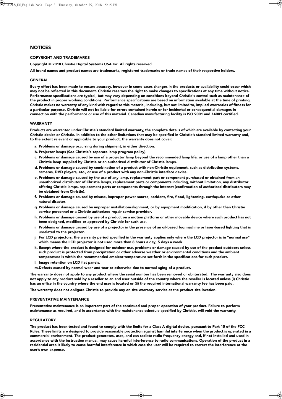 Christie DWU1075-GS 10,875-Lumen WUXGA 1DLP Laser Phosphor Projector with BoldColor Technology (No Lens) User Manual | Page 3 / 102