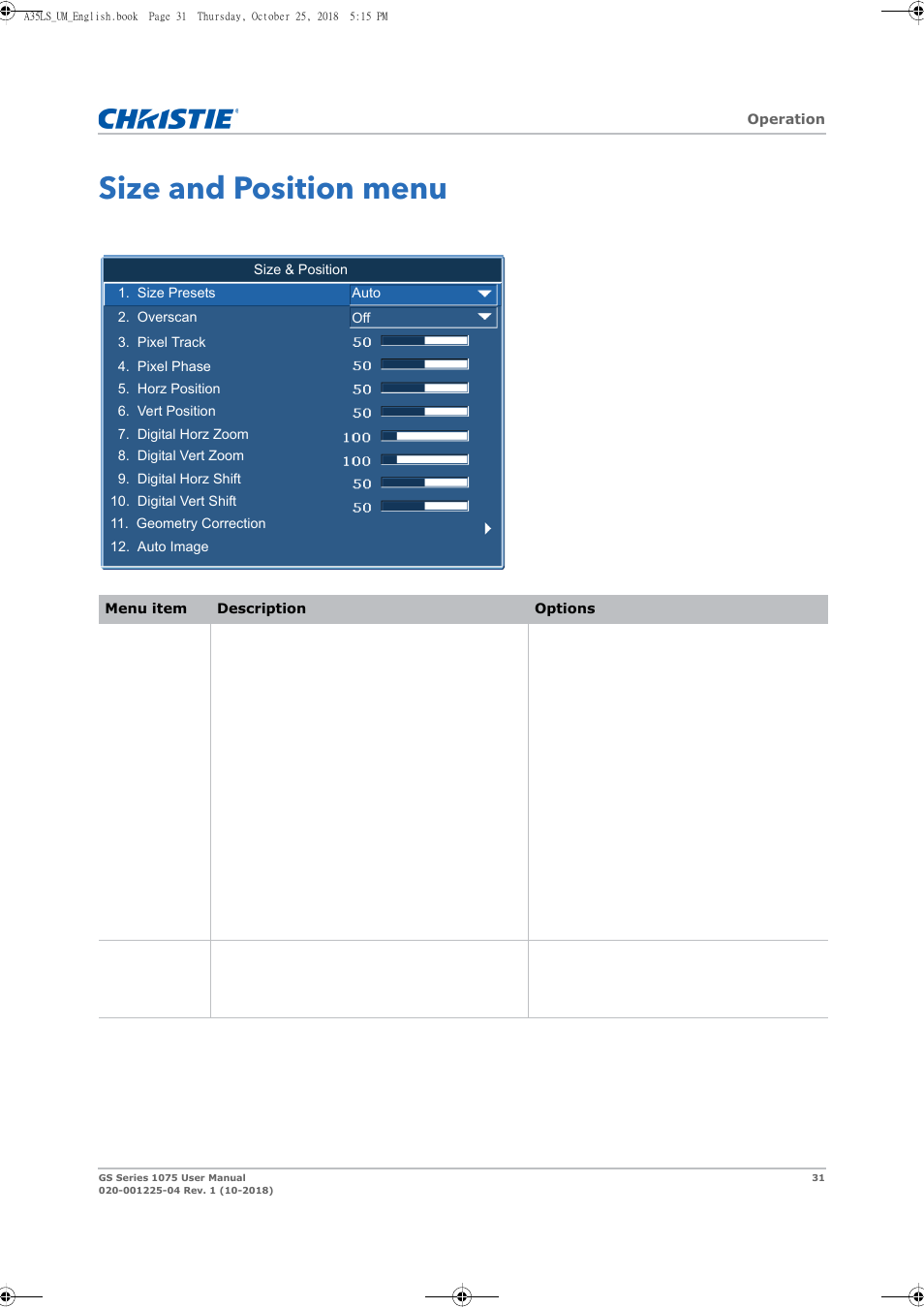Size and position menu | Christie DWU1075-GS 10,875-Lumen WUXGA 1DLP Laser Phosphor Projector with BoldColor Technology (No Lens) User Manual | Page 31 / 102