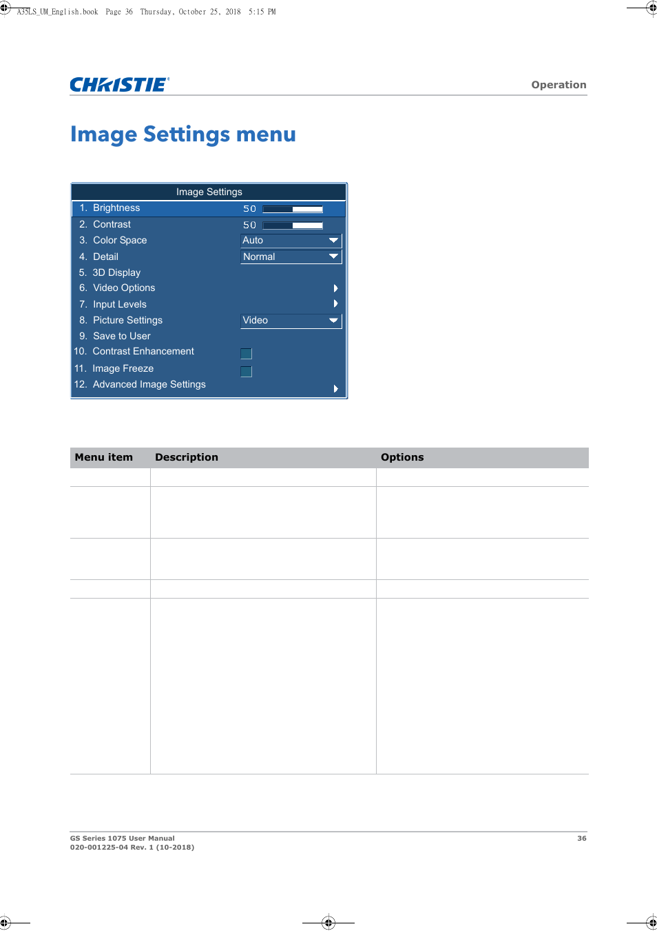 Image settings menu | Christie DWU1075-GS 10,875-Lumen WUXGA 1DLP Laser Phosphor Projector with BoldColor Technology (No Lens) User Manual | Page 36 / 102