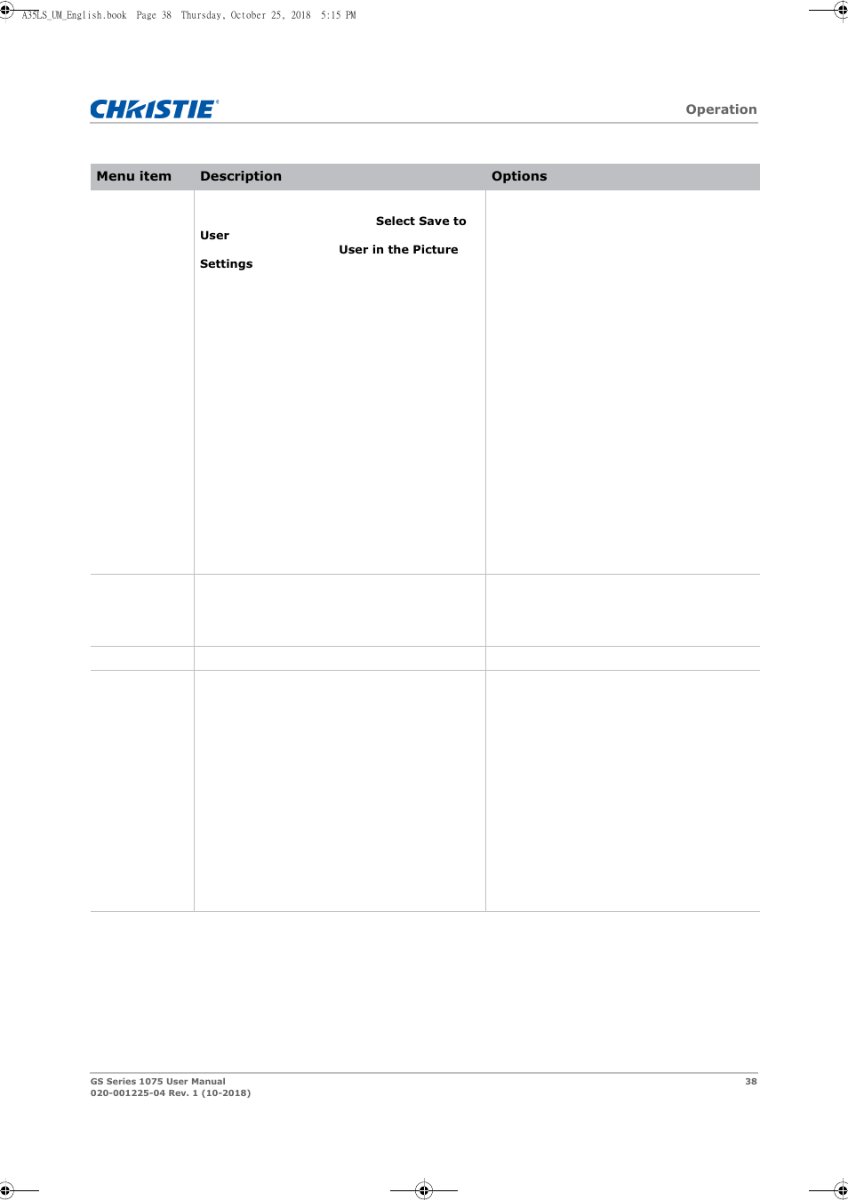 Christie DWU1075-GS 10,875-Lumen WUXGA 1DLP Laser Phosphor Projector with BoldColor Technology (No Lens) User Manual | Page 38 / 102