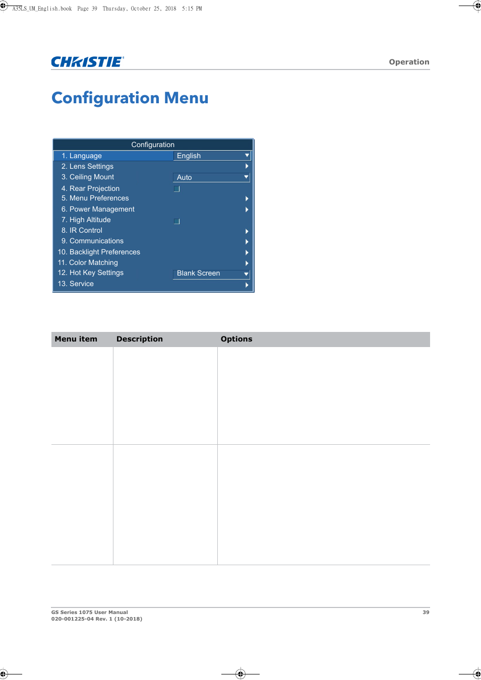 Configuration menu | Christie DWU1075-GS 10,875-Lumen WUXGA 1DLP Laser Phosphor Projector with BoldColor Technology (No Lens) User Manual | Page 39 / 102