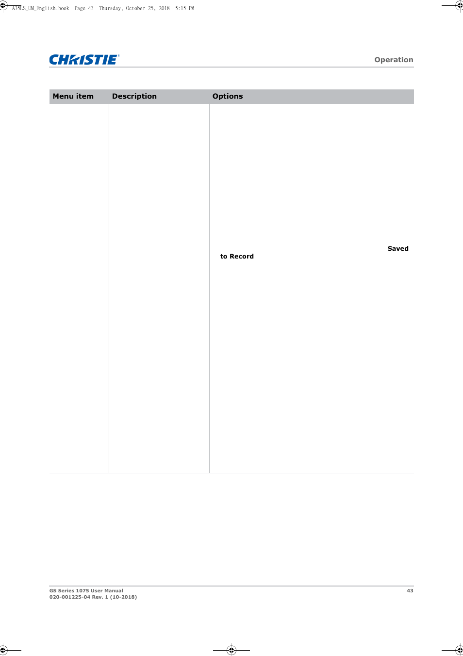 Christie DWU1075-GS 10,875-Lumen WUXGA 1DLP Laser Phosphor Projector with BoldColor Technology (No Lens) User Manual | Page 43 / 102