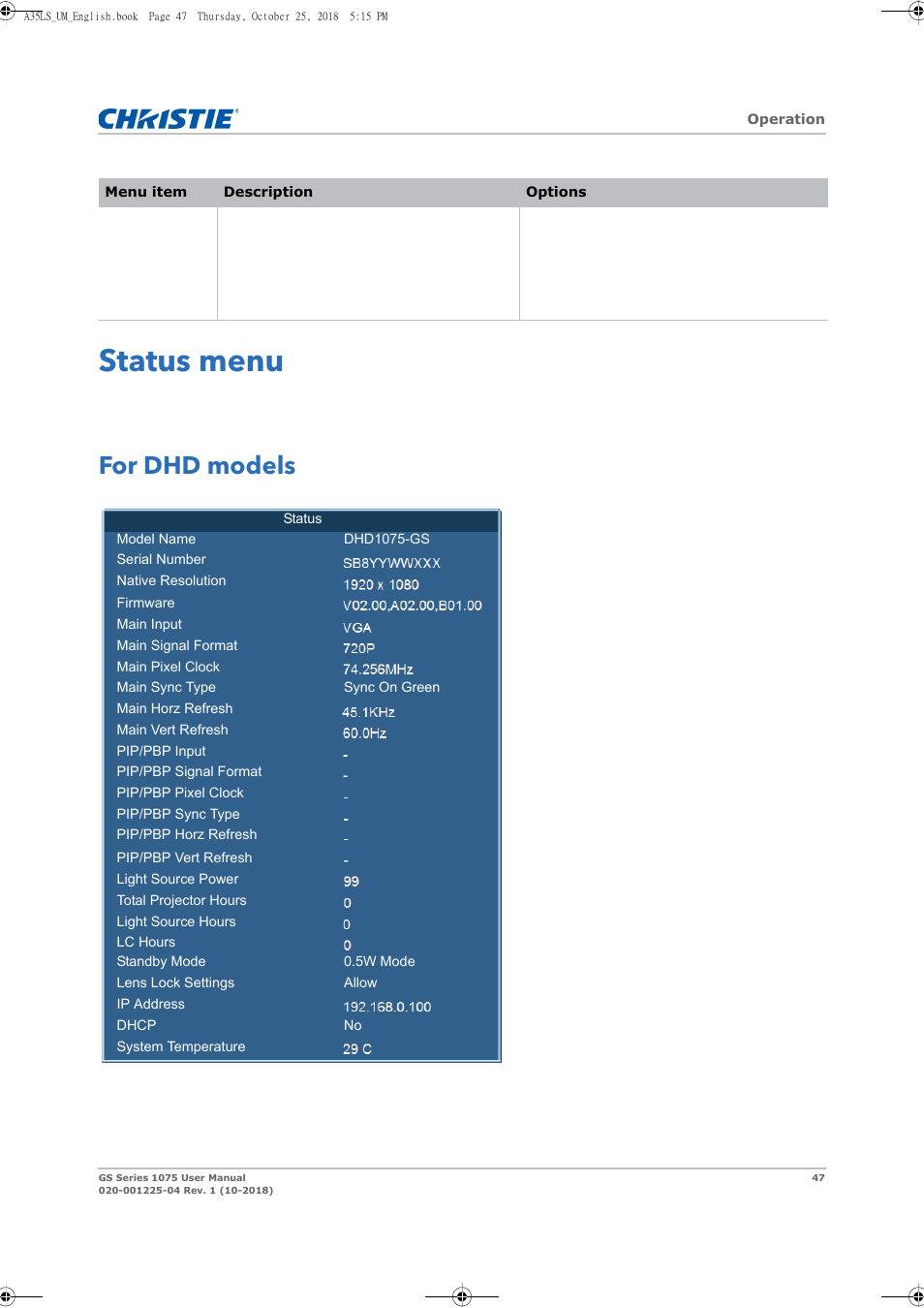 Status menu, For dhd models | Christie DWU1075-GS 10,875-Lumen WUXGA 1DLP Laser Phosphor Projector with BoldColor Technology (No Lens) User Manual | Page 47 / 102