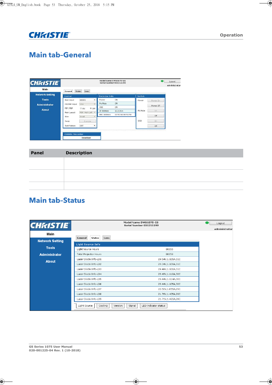 Main tab–general, Main tab–status, Main tab–general main tab–status | Christie DWU1075-GS 10,875-Lumen WUXGA 1DLP Laser Phosphor Projector with BoldColor Technology (No Lens) User Manual | Page 53 / 102